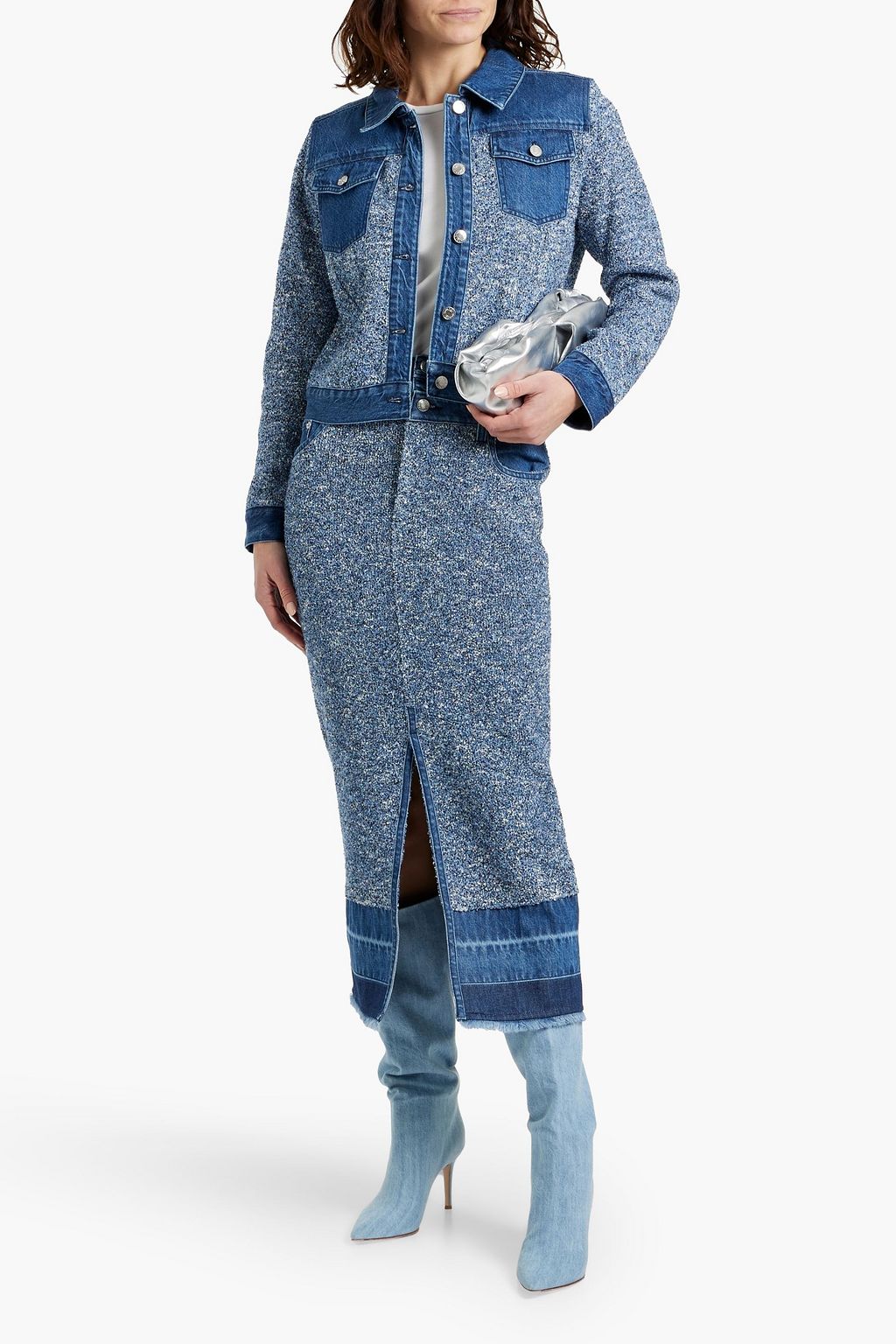 SIMKHAI Maddy denim and bouclé-knit midi skirt