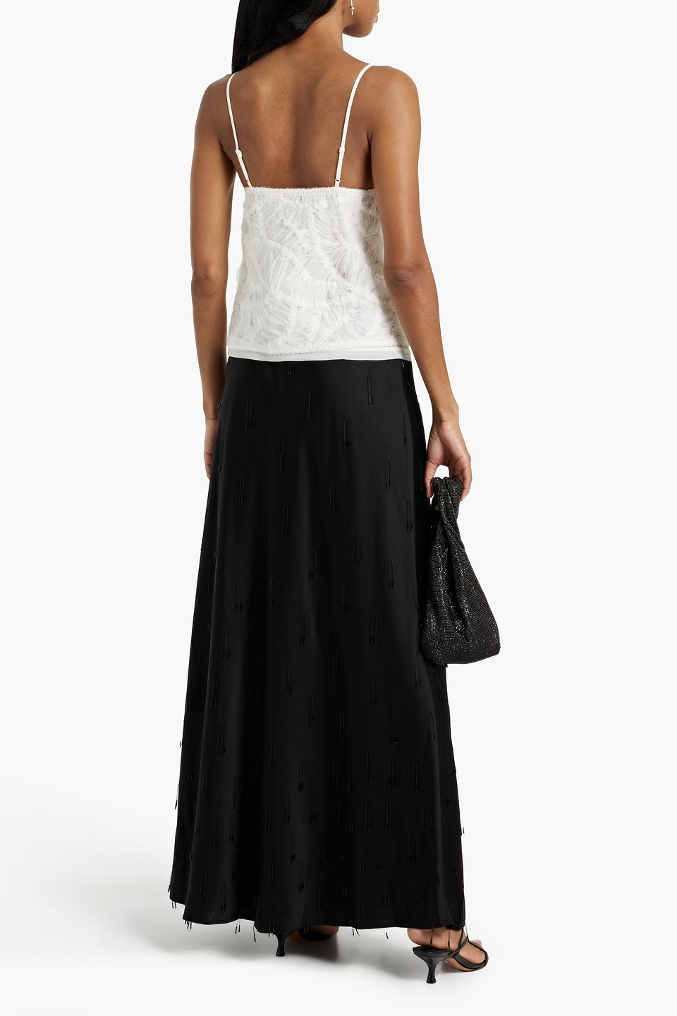 SIMKHAI KADE FRINGED BEAD-EMBELLISHED SATIN MAXI SKIRT