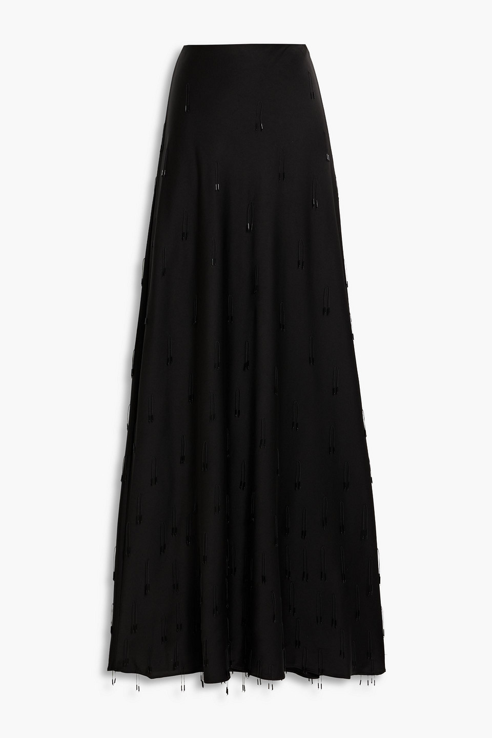 SIMKHAI KADE FRINGED BEAD-EMBELLISHED SATIN MAXI SKIRT