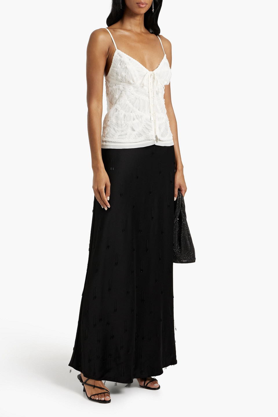 SIMKHAI KADE FRINGED BEAD-EMBELLISHED SATIN MAXI SKIRT