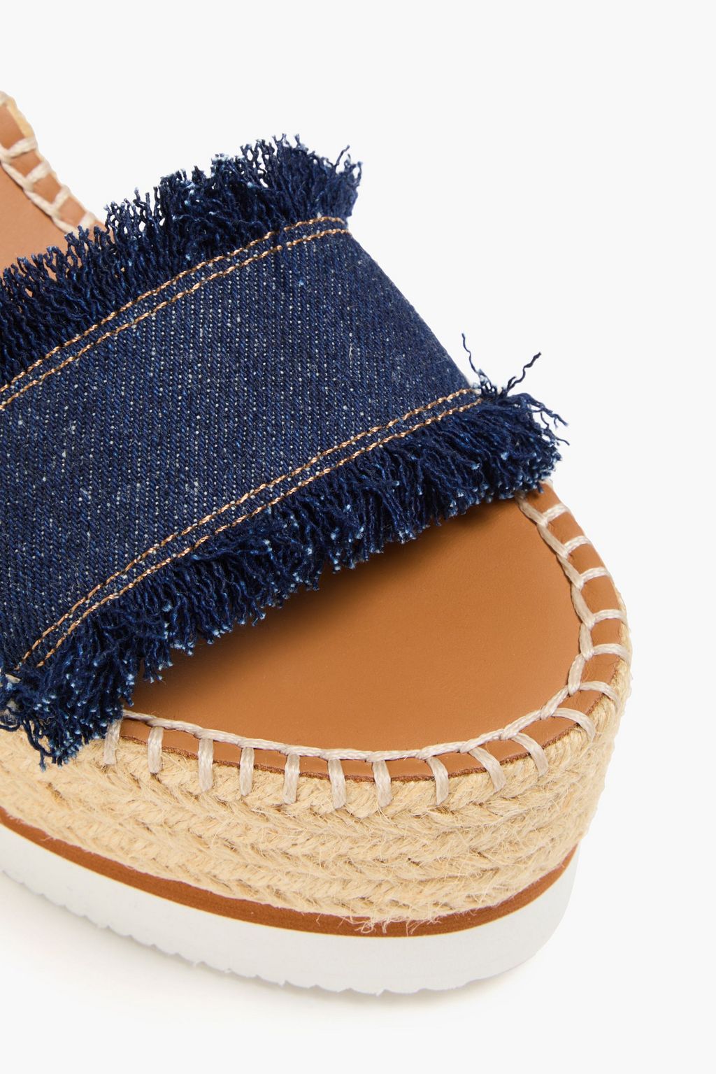 SEE BY CHLOÉ Frayed denim and leather wedge espadrilles