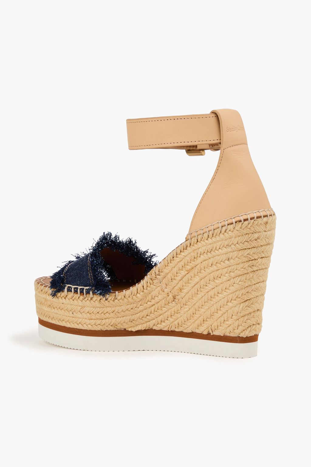 SEE BY CHLOÉ Frayed denim and leather wedge espadrilles