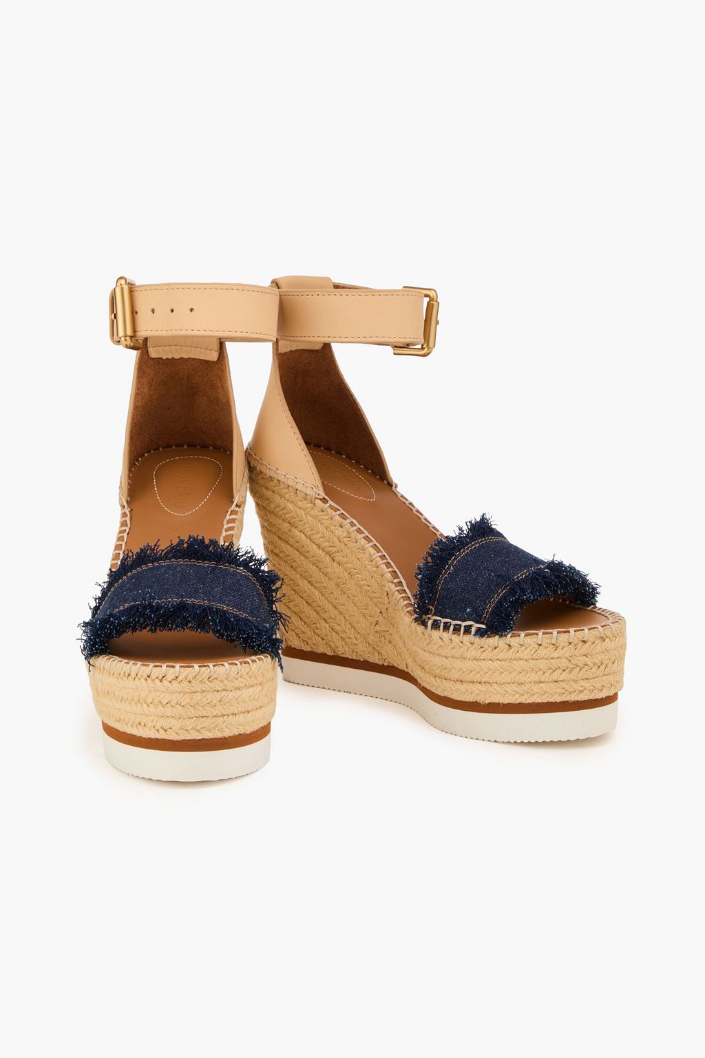 SEE BY CHLOÉ Frayed denim and leather wedge espadrilles