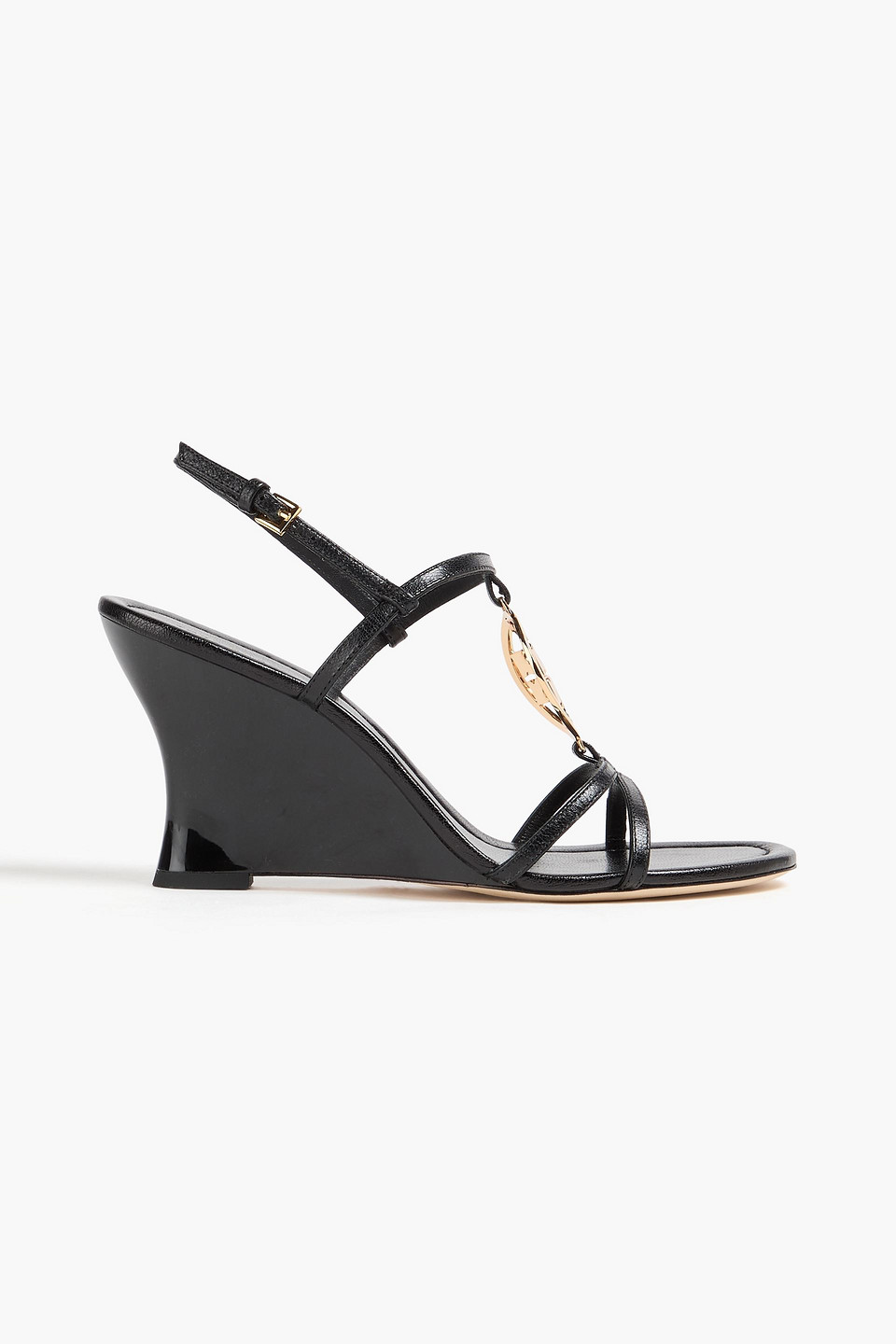 Tory Burch Capri Miller Embellished Leather Wedge Slingback Sandals In Black
