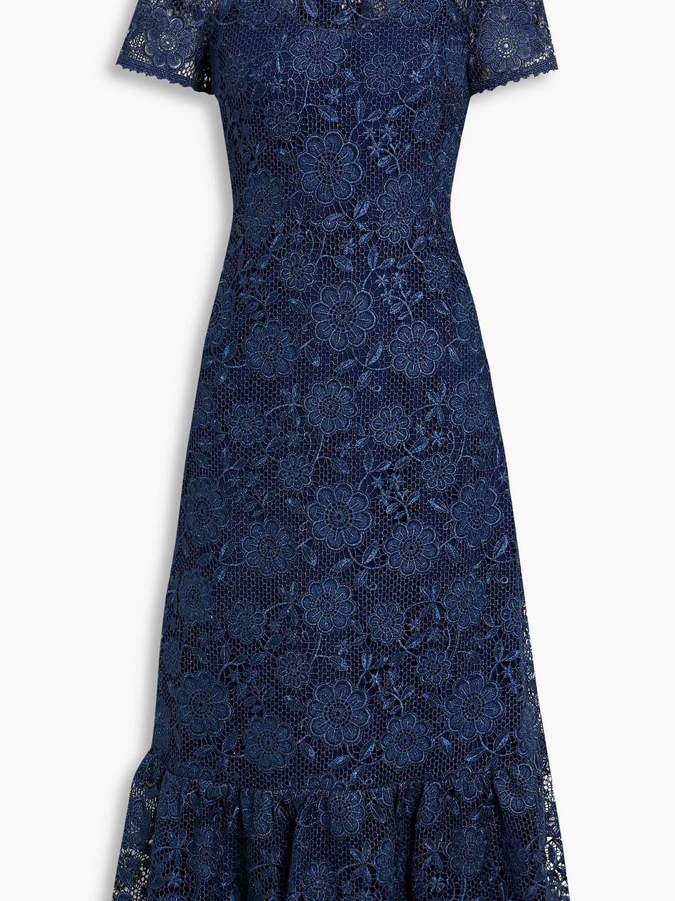 metallic guipure lace midi dress