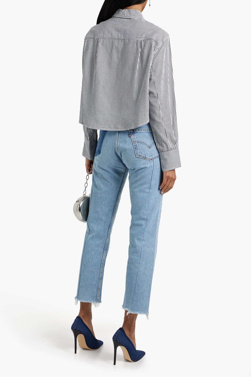 Shop Simkhai Renata Cropped Striped Cotton-poplin Shirt In Navy