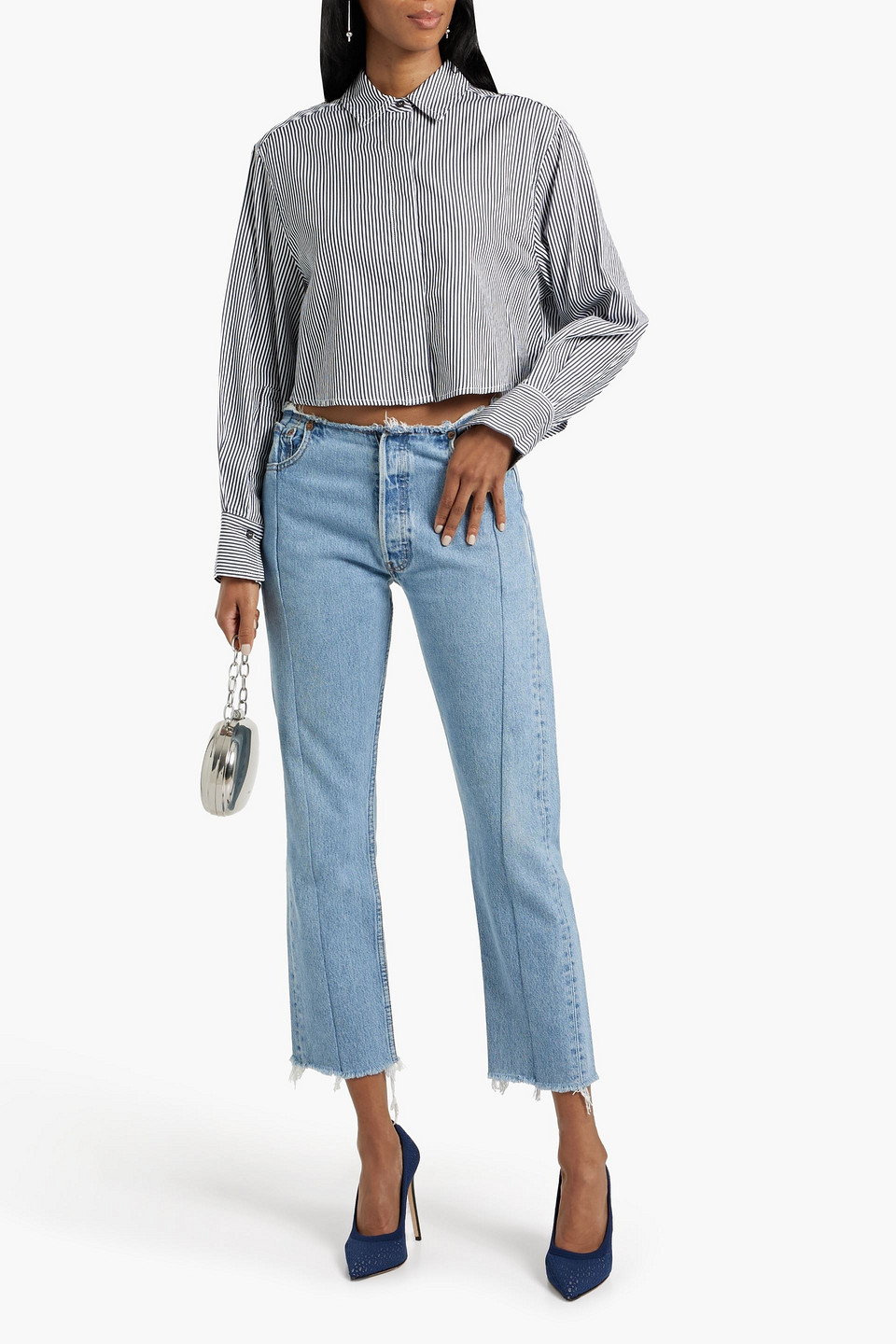 Shop Simkhai Renata Cropped Striped Cotton-poplin Shirt In Navy