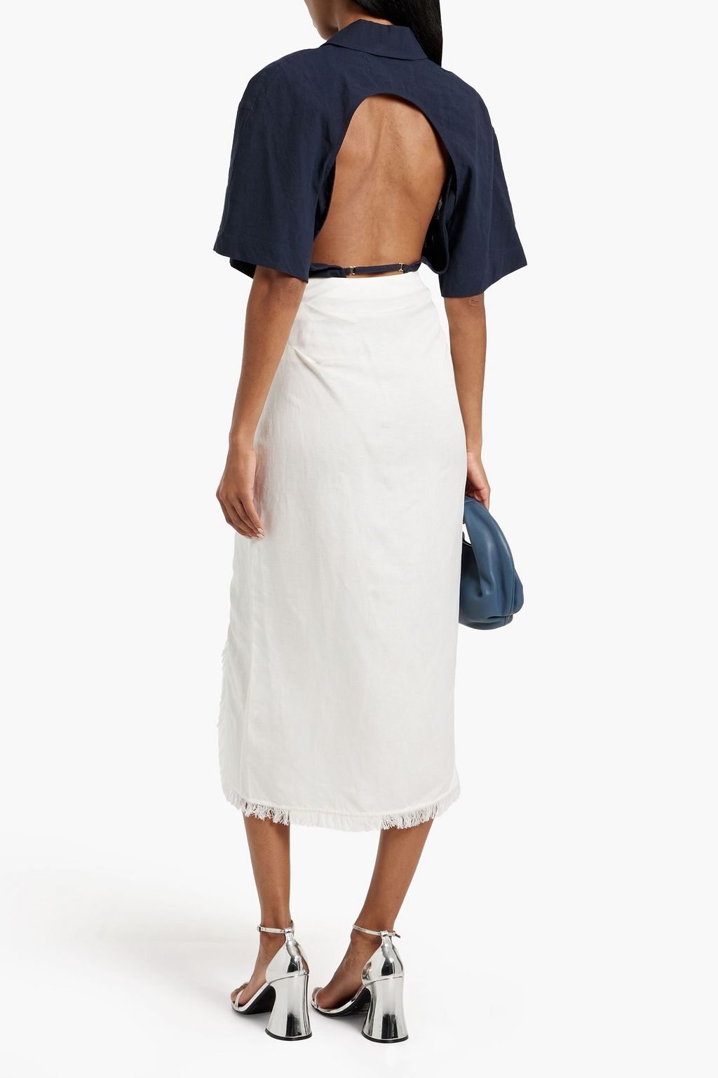 SIMKHAI Quinton wrap-effect frayed linen-blend midi skirt