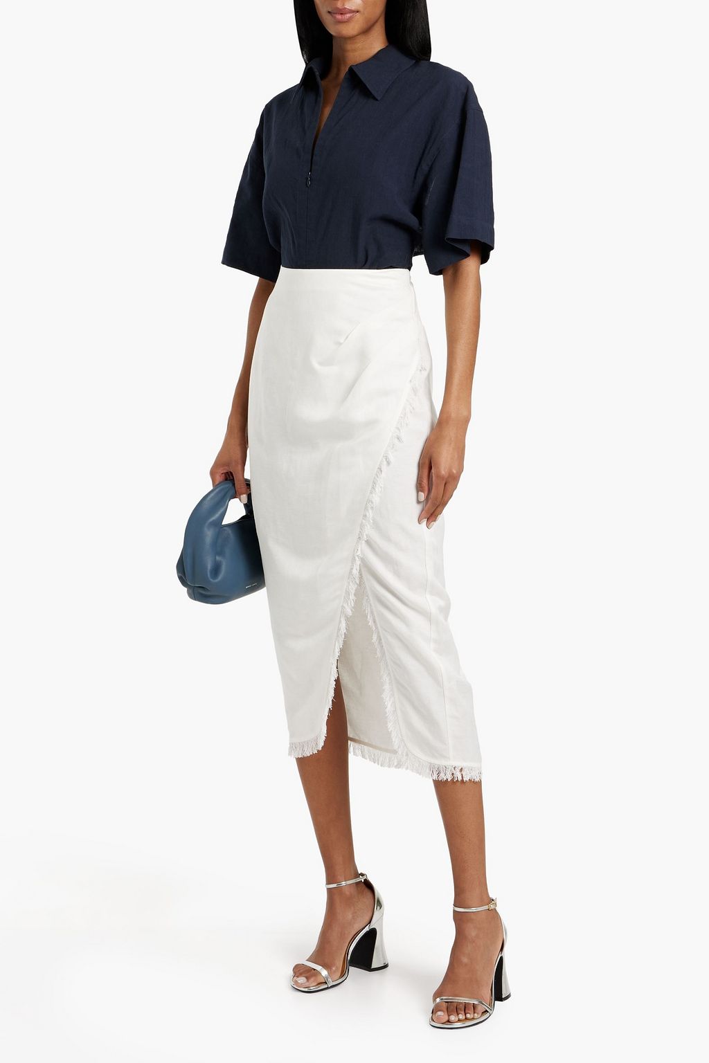 SIMKHAI Quinton wrap-effect frayed linen-blend midi skirt