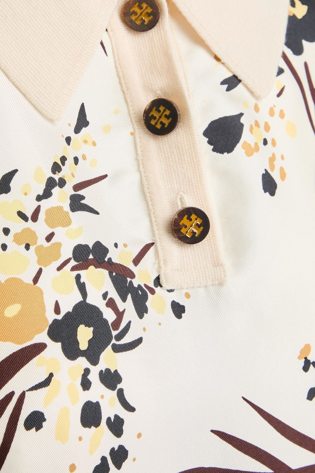 TORY BURCH 플로럴 프린트 실크 트윌 폴로 셔츠