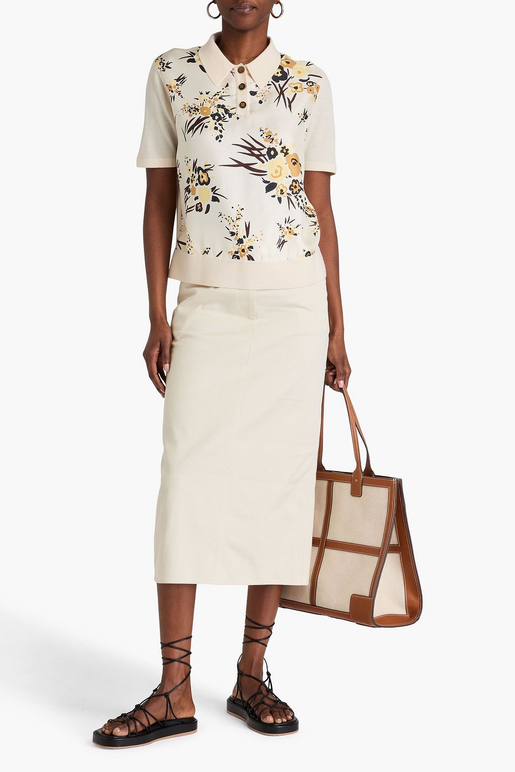 TORY BURCH 플로럴 프린트 실크 트윌 폴로 셔츠