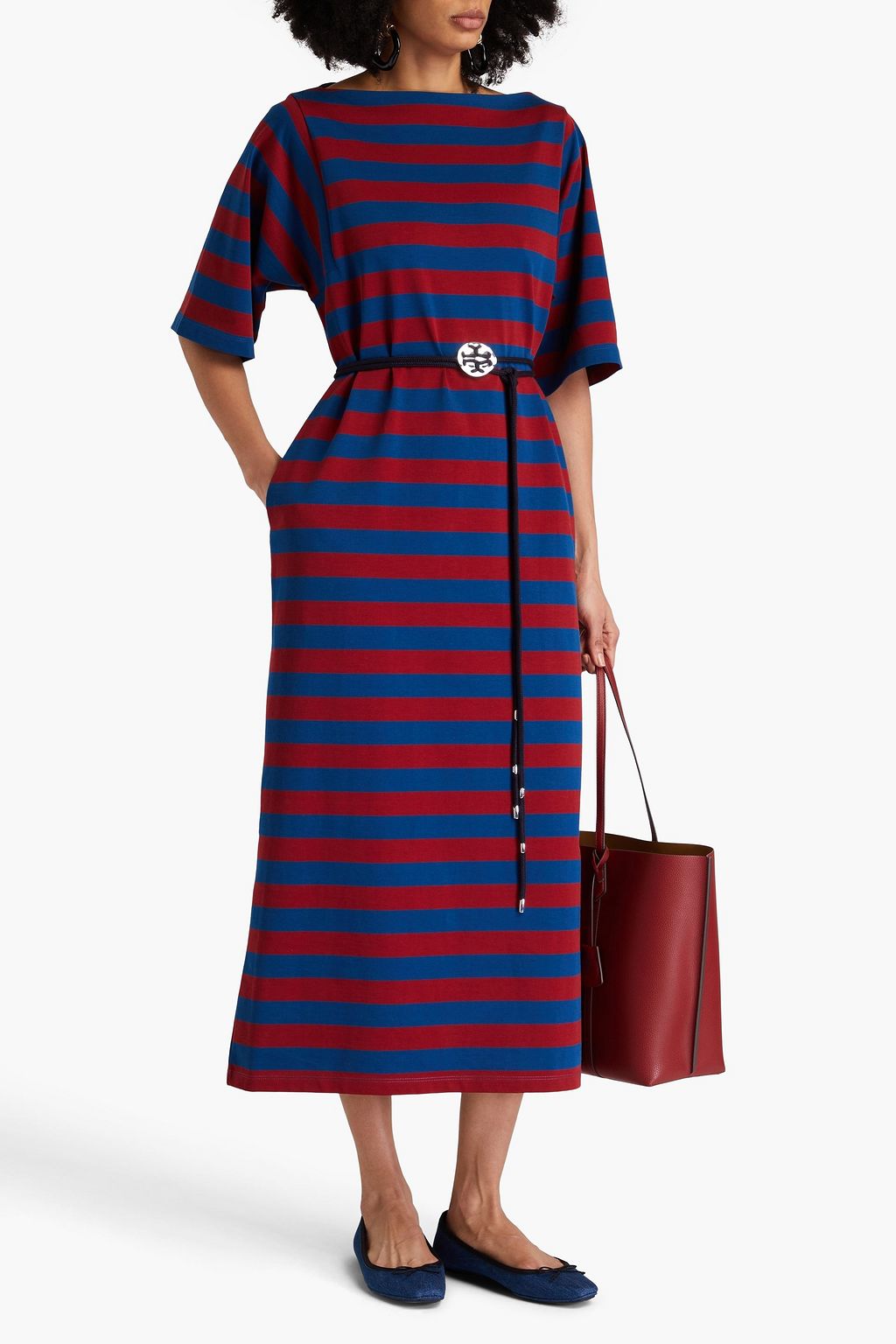 TORY BURCH 스트라이프 코튼 저지 미디 드레스
