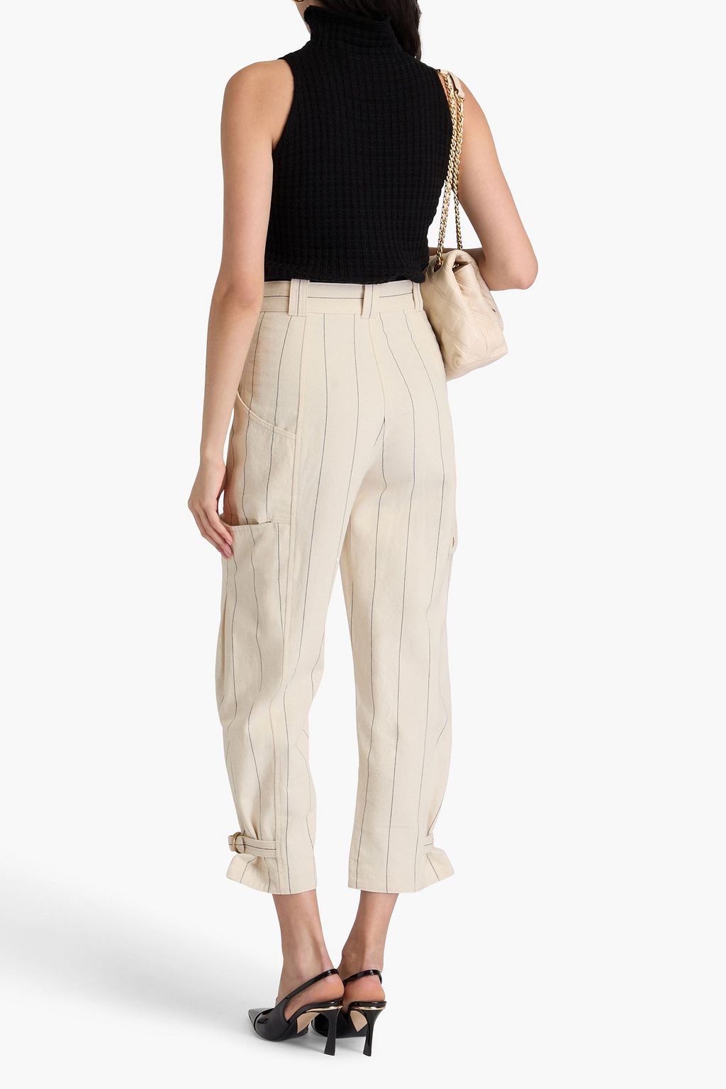 TORY BURCH 핀스트라이프 코튼 혼방 캔버스 크롭 카고 팬츠