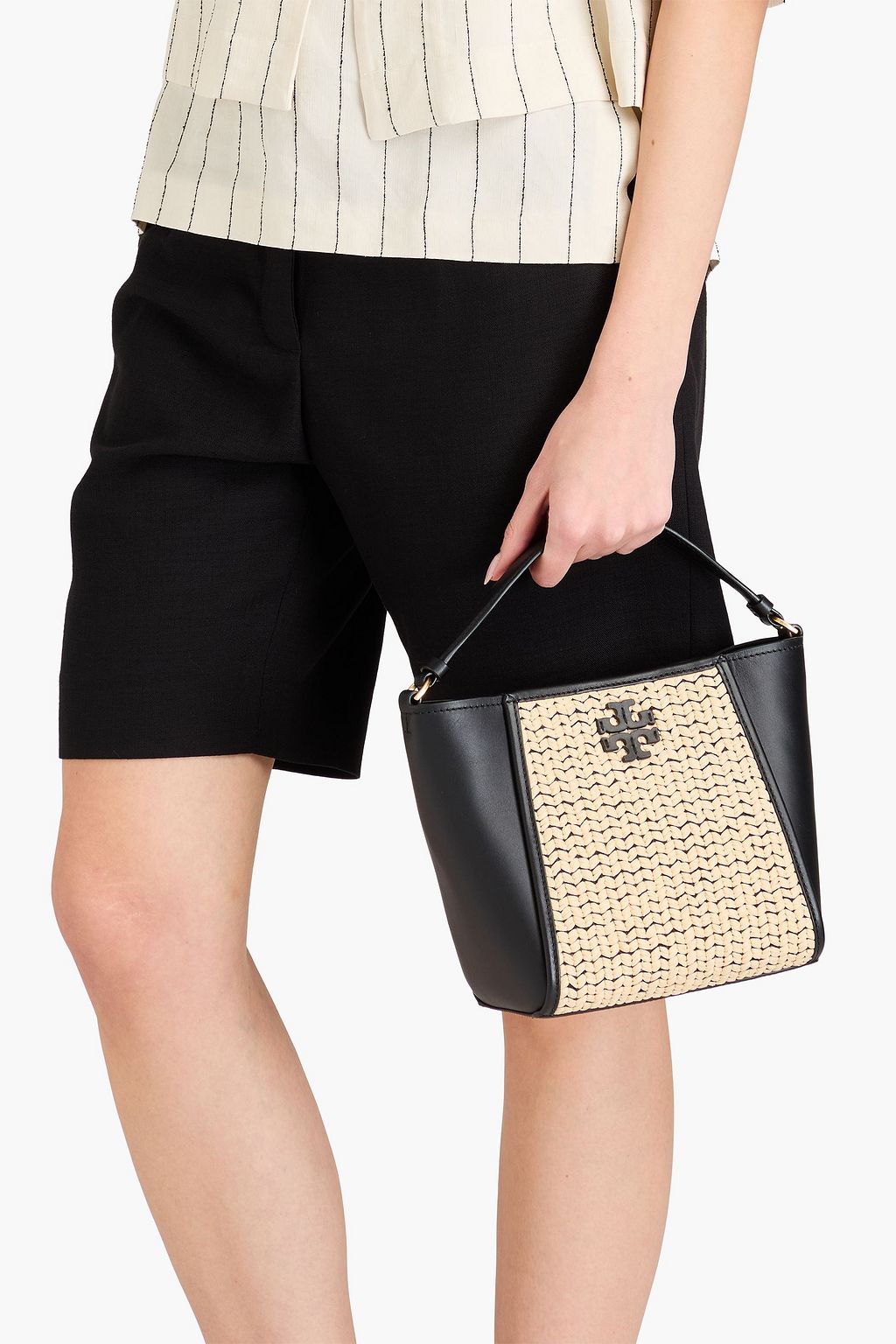 TORY BURCH 맥그로 라피아 & 가죽 버킷 백 토트
