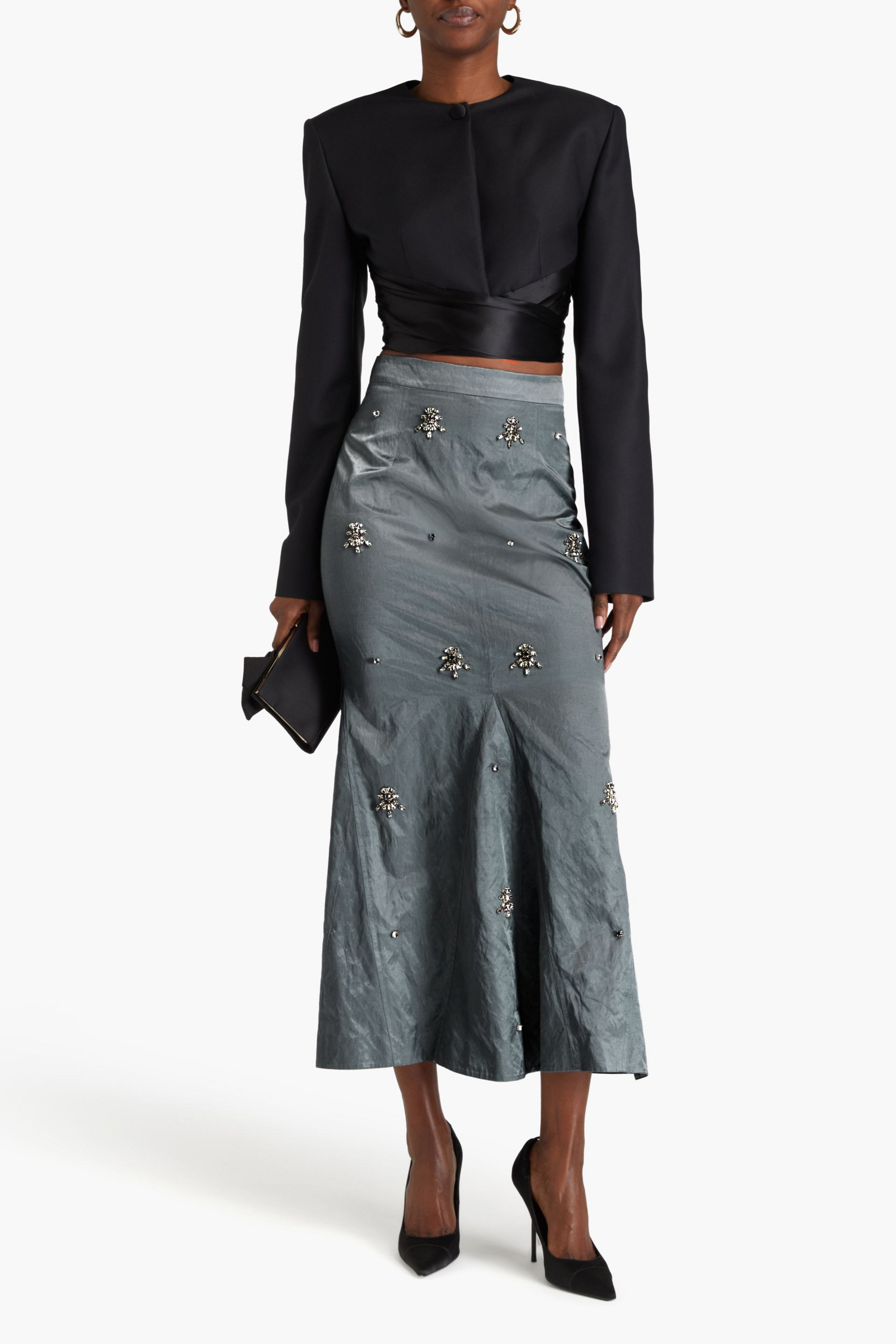 Huishan Zhang Flared crystal-embellished crinkled-satin midi skirt