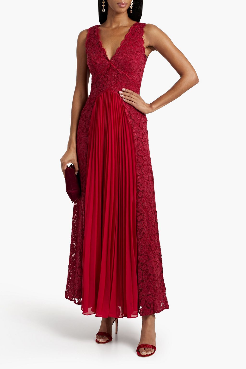ZAC POSEN 코드 레이스 & 시폰 플리츠 가운