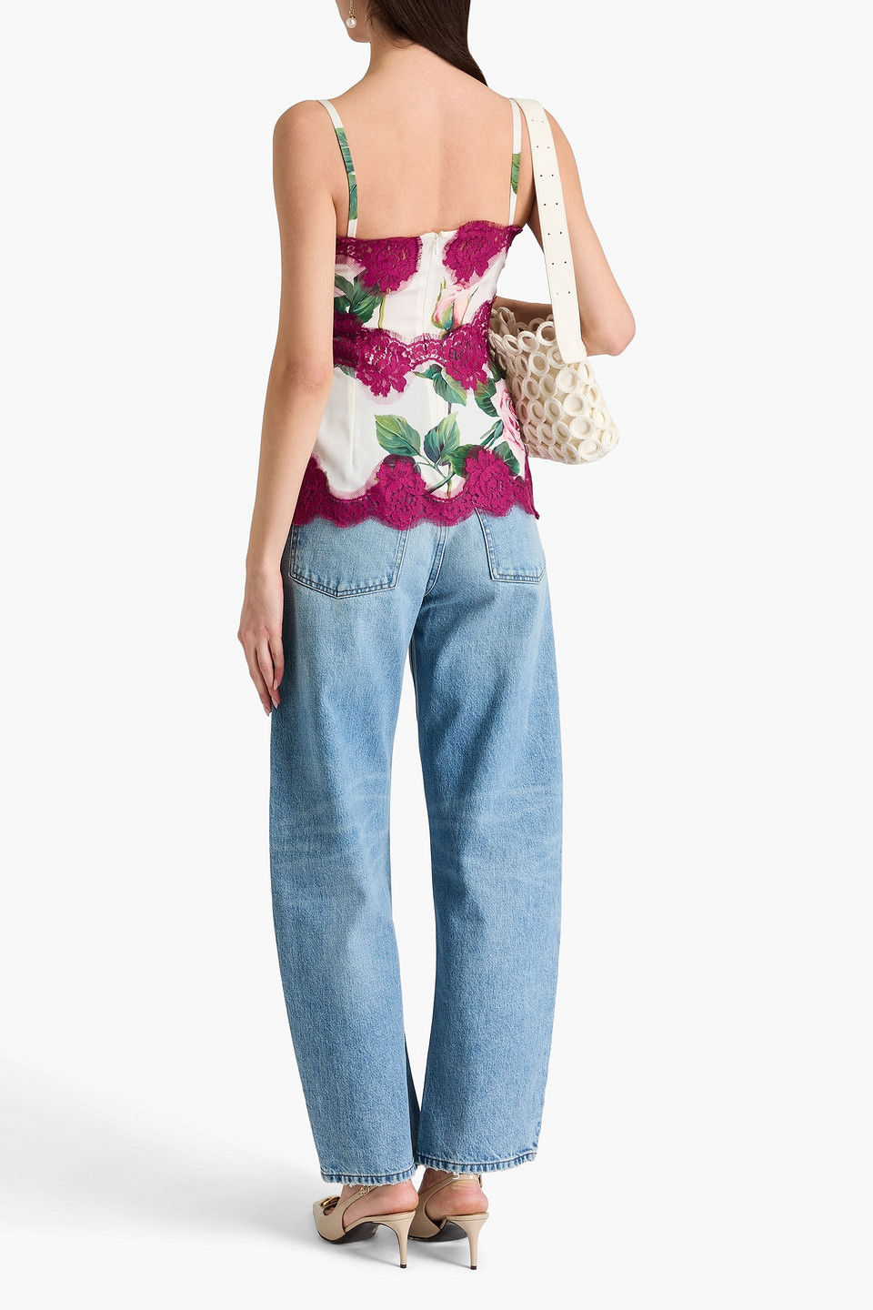  Dolce&gabbana - Oberteil Aus Satin Aus Einer Seidenmischung Mit Floralem Print Und Spitzenbesatz - Weiß - It 38 