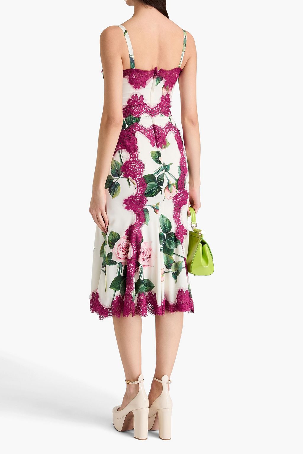 DOLCE&GABBANA Lace-trimmed floral-print silk-blend satin midi dress