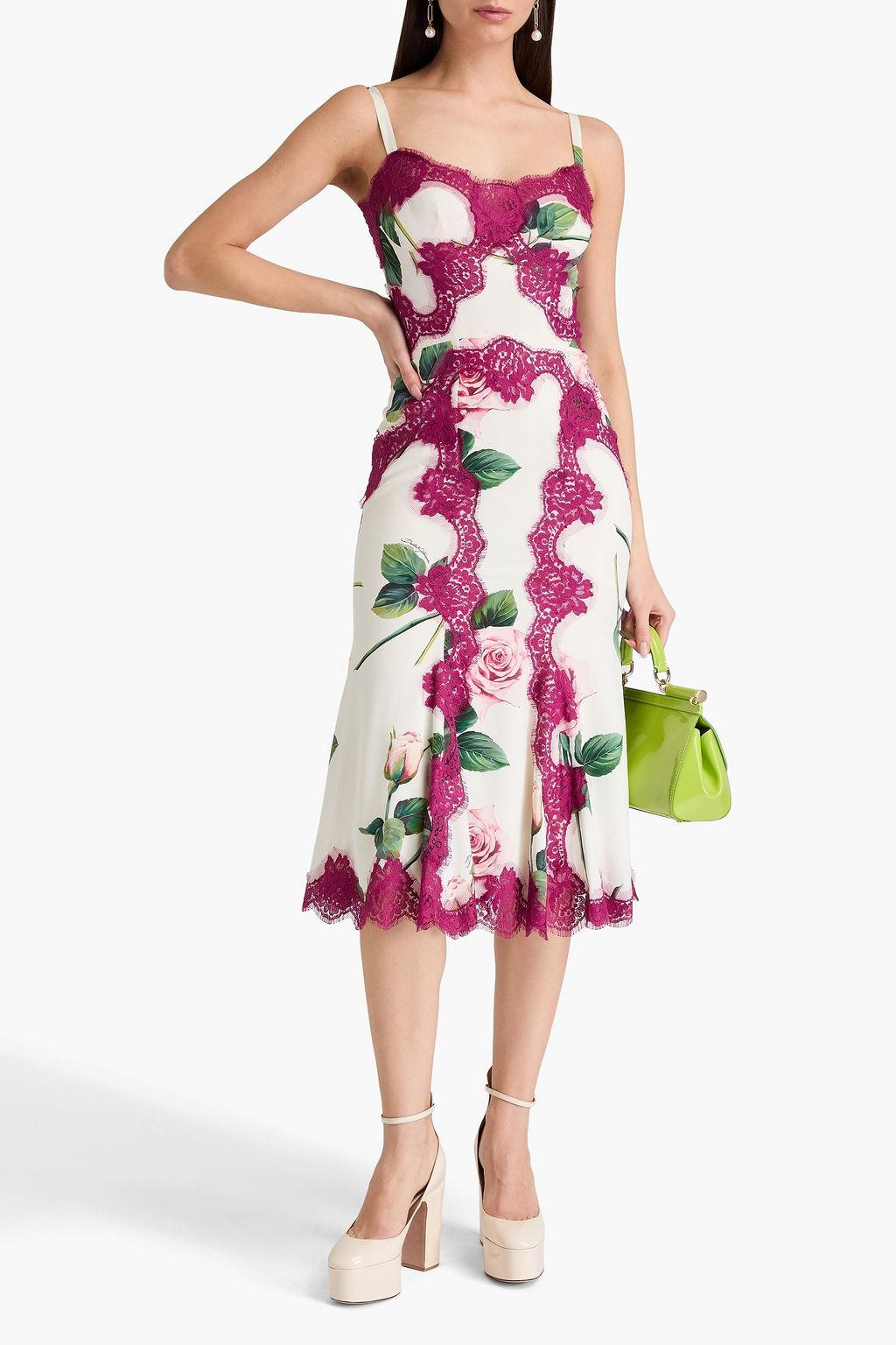 DOLCE&GABBANA Lace-trimmed floral-print silk-blend satin midi dress