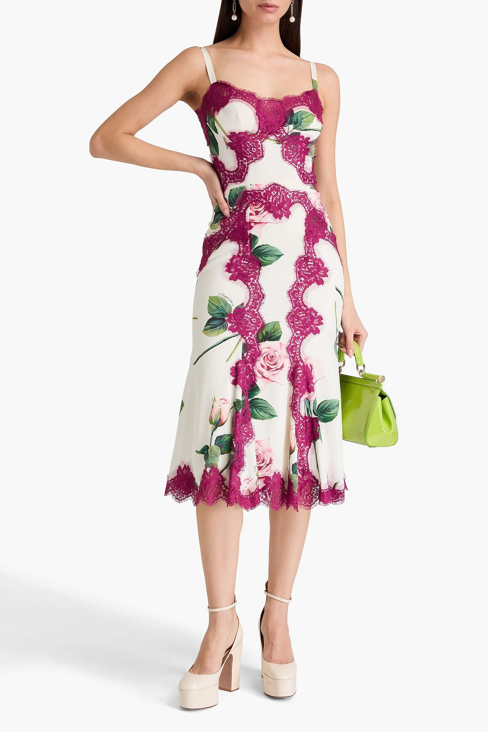  Dolce&gabbana - Midikleid Aus Satin Aus Einer Seidenmischung Mit Floralem Print Und Spitzenbesatz - Weiß - It 36 