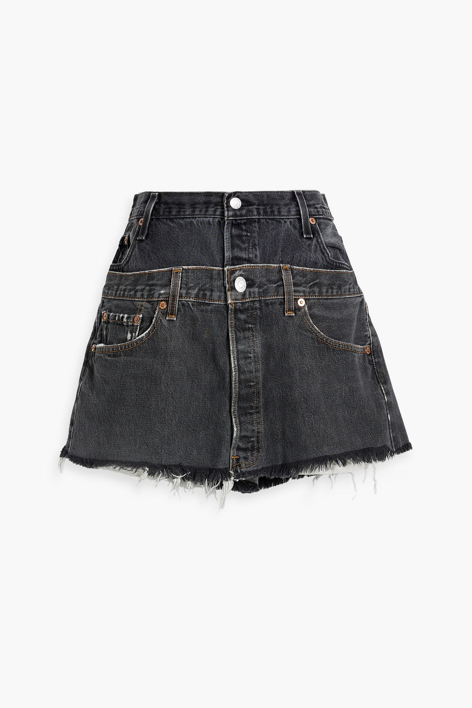 Distressed denim mini skirt