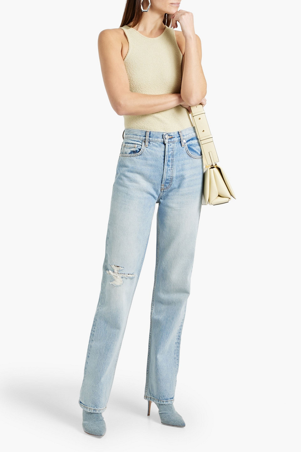 EB DENIM DISTRESSED HIGH-RISE STRAIGHT-LEG JEANS 