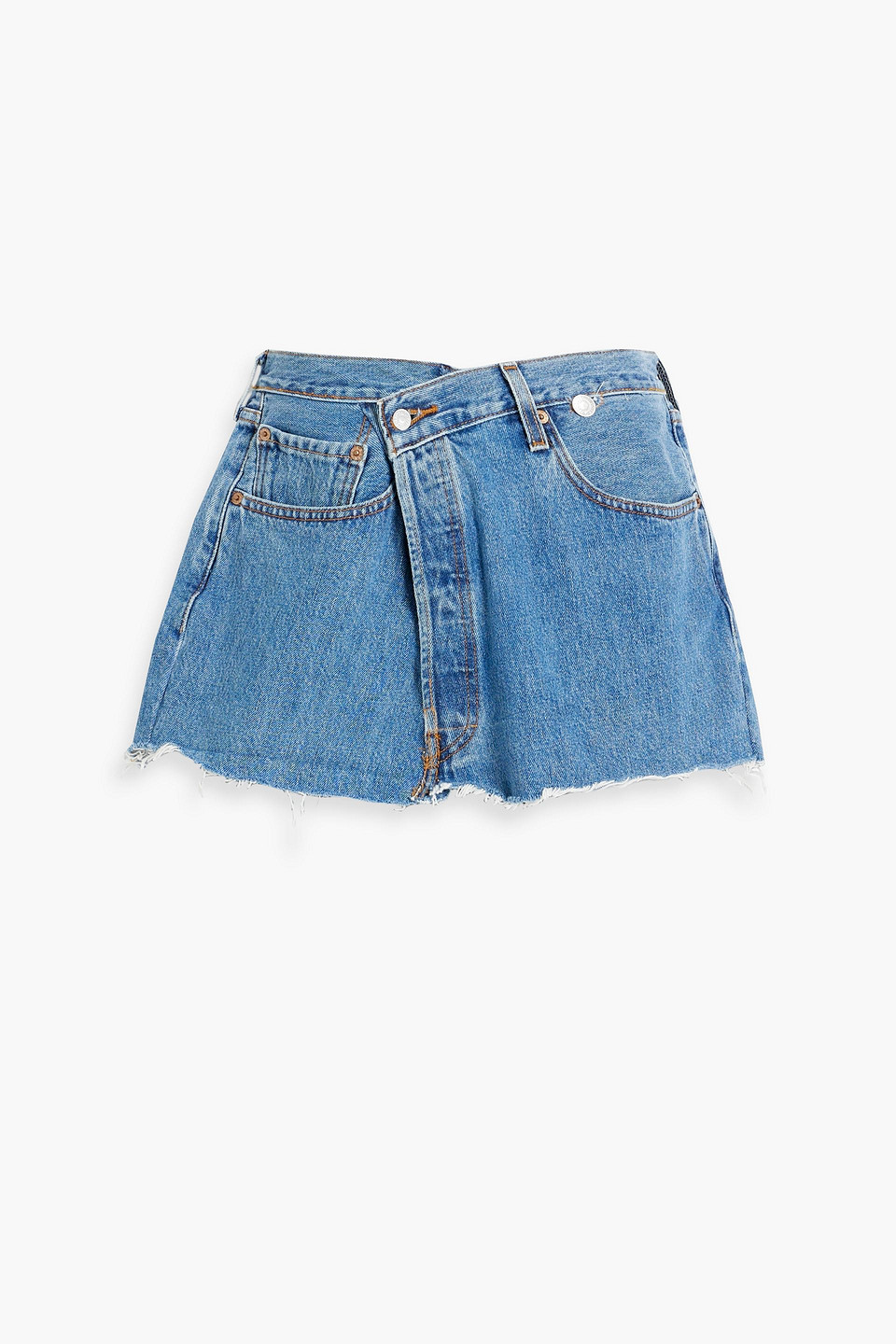 Distressed denim mini skirt