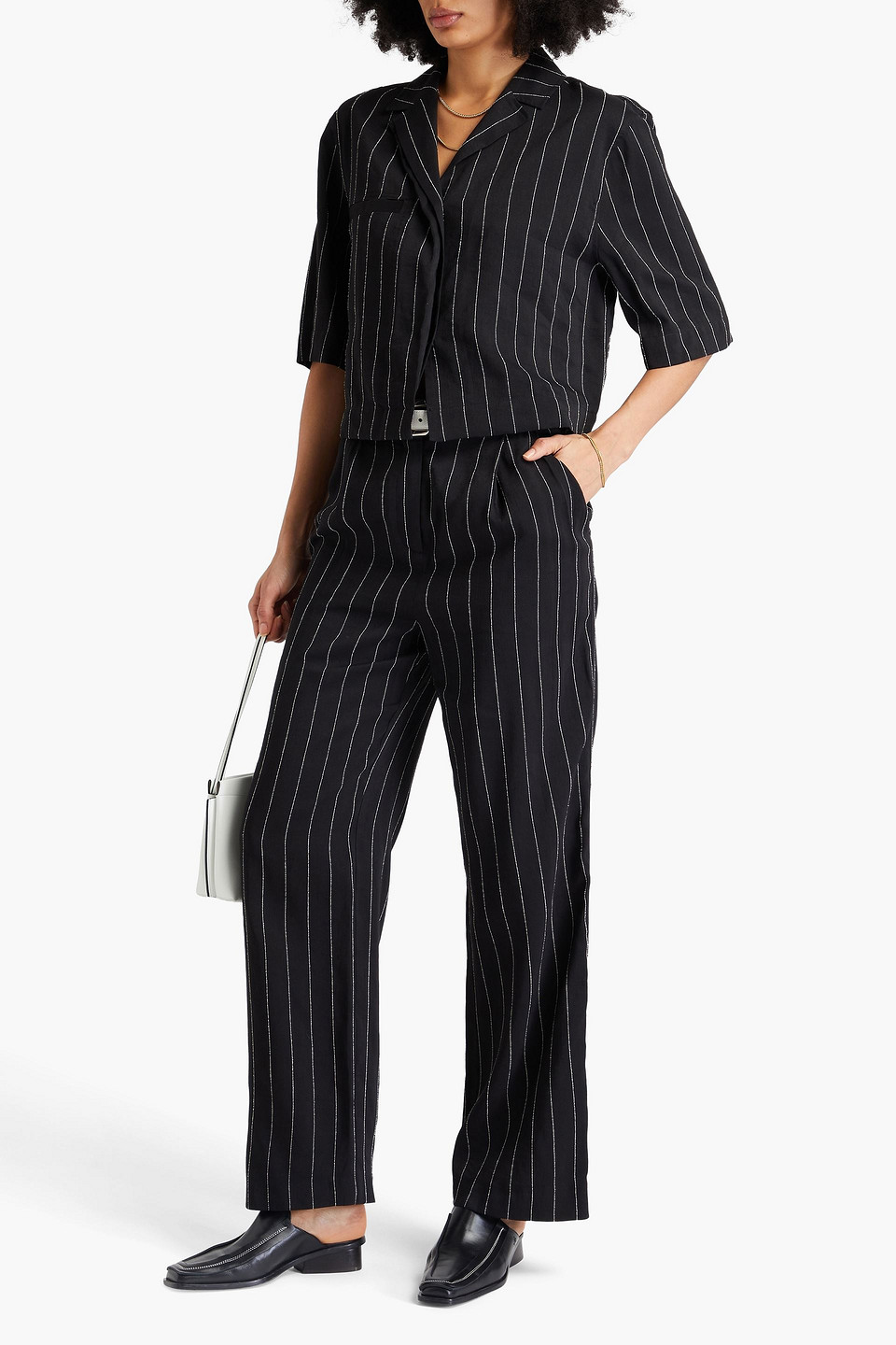 LOULOU STUDIO LAGO CROPPED PINSTRIPED TWILL SHIRT