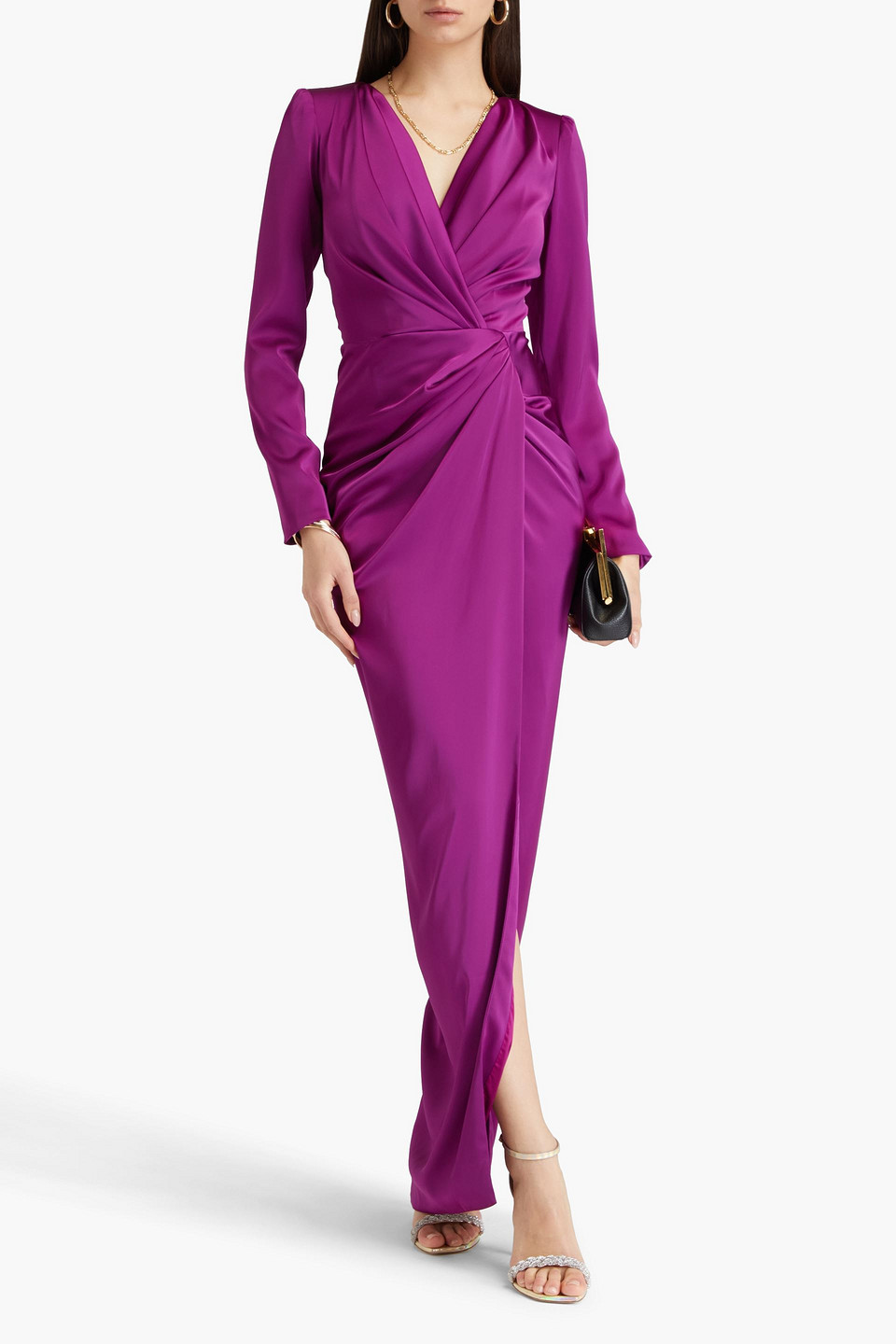 RHEA COSTA DRAPED SATIN MAXI DRESS
