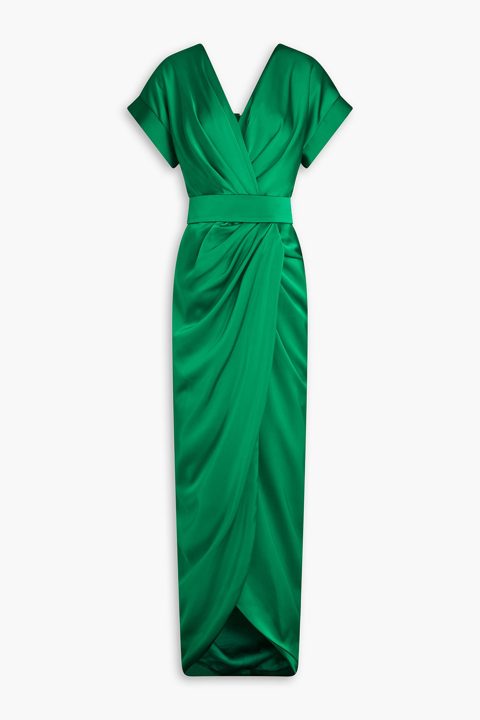 Rhea Costa Jaya Belted Draped Satin Maxi Dress In Emerald