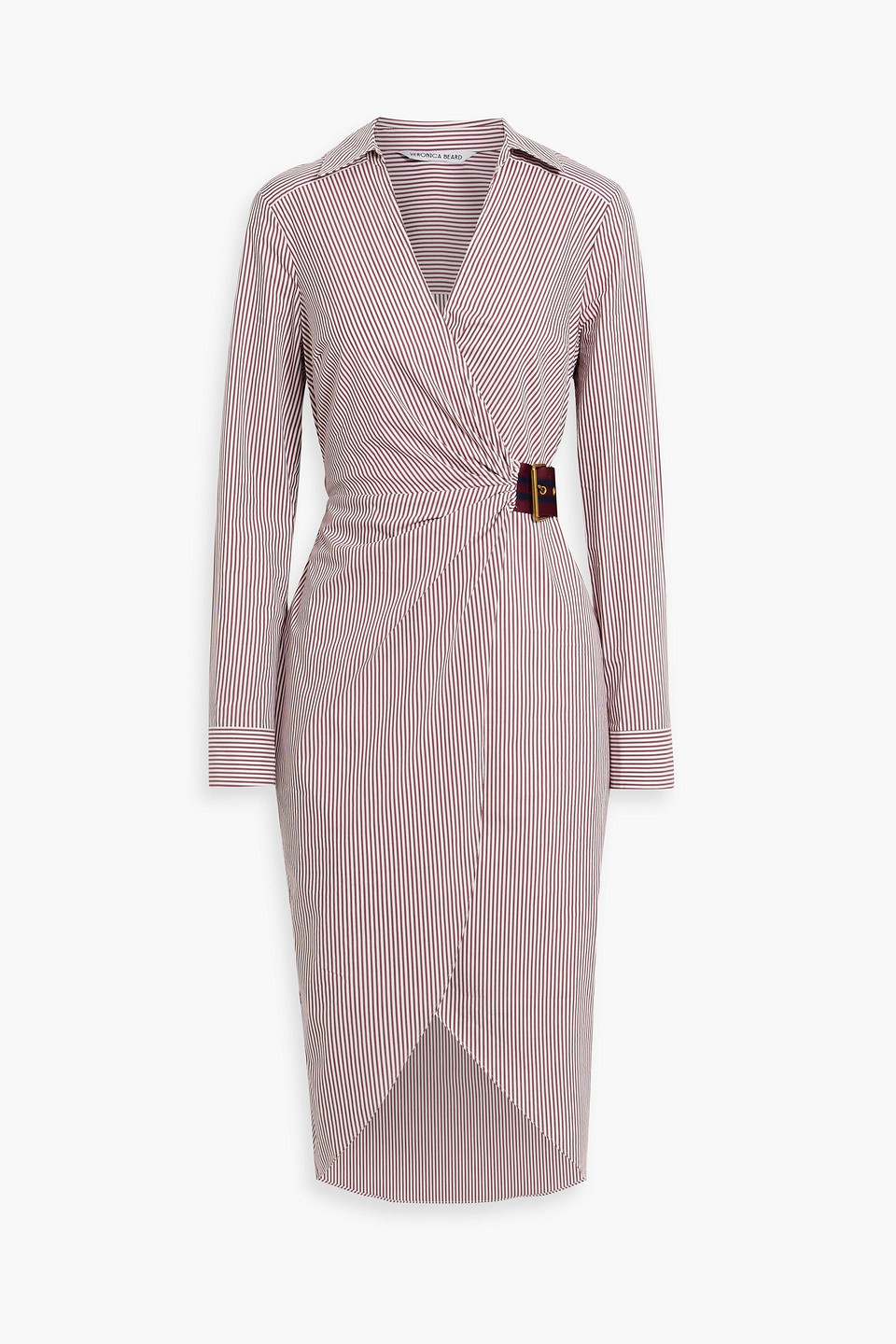 Veronica Beard Jacinda Wrap-effect Striped Cotton-blend Poplin Midi Shirt Dress In Claret
