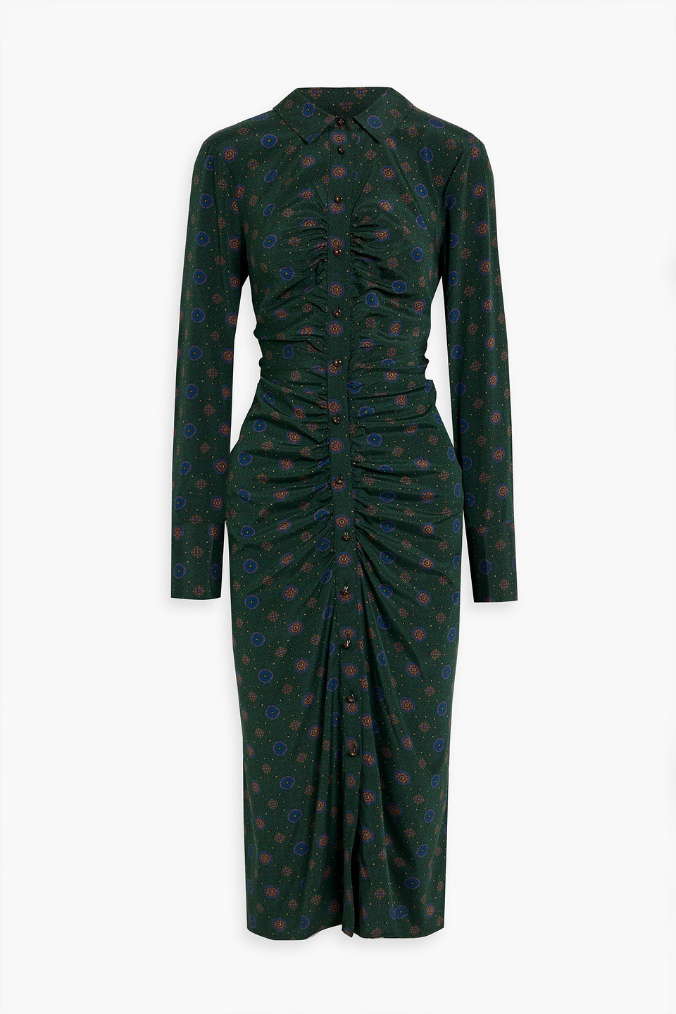Veronica Beard Mesika Ruched Printed Stretch-silk Midi Shirt Dress In Green