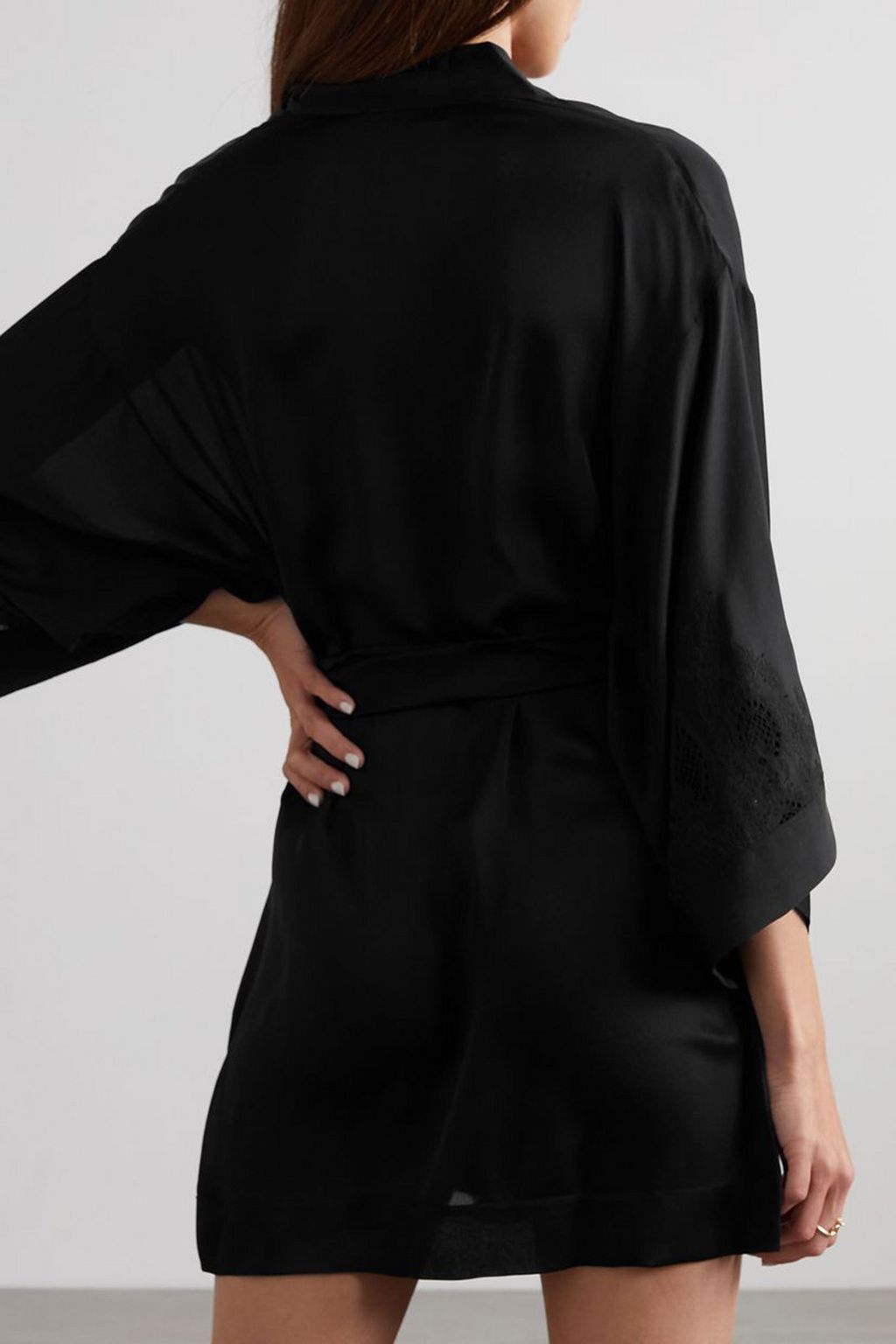 CARINE GILSON Belted lace-trimmed silk-charmeuse robe