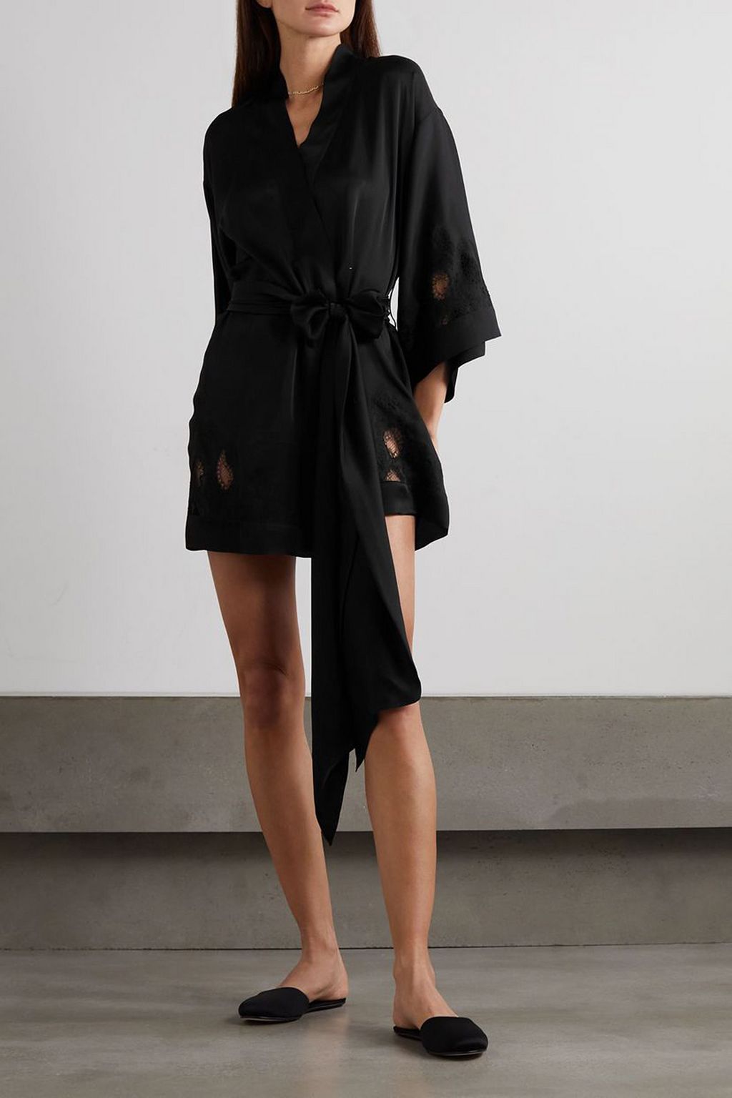 CARINE GILSON Belted lace-trimmed silk-charmeuse robe