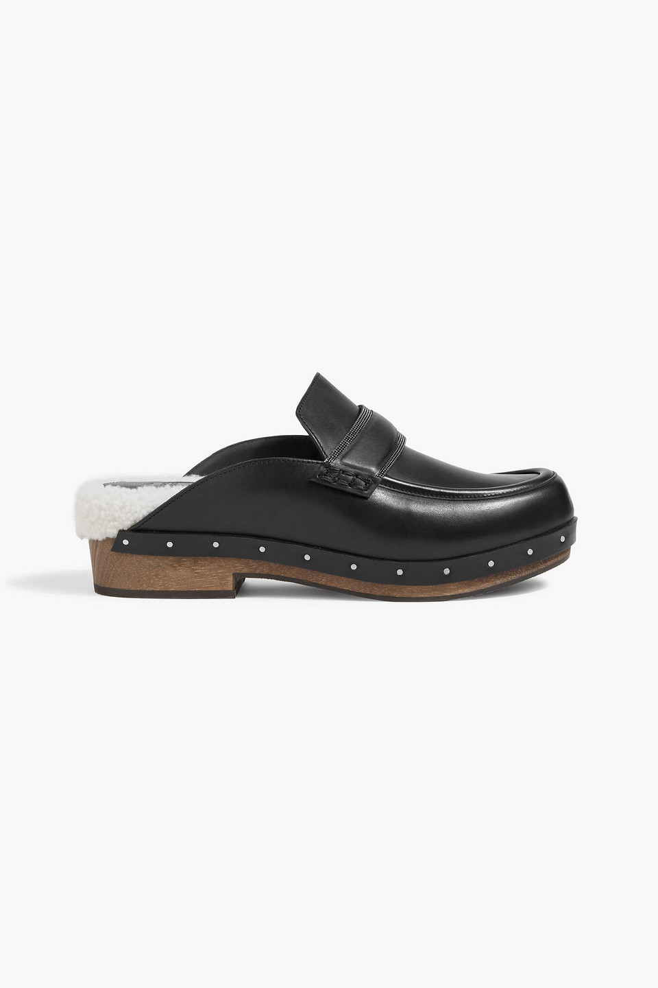 Brunello Cucinelli Shearling-lined Bead-embellished Leather Clogs In Black