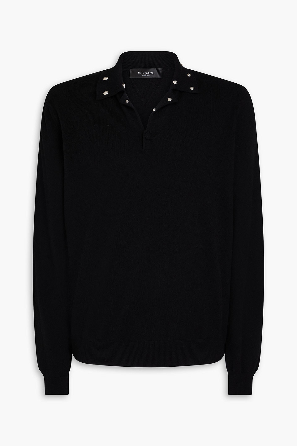 Versace Studded Wool And Cashmere-blend Polo Jumper In Black
