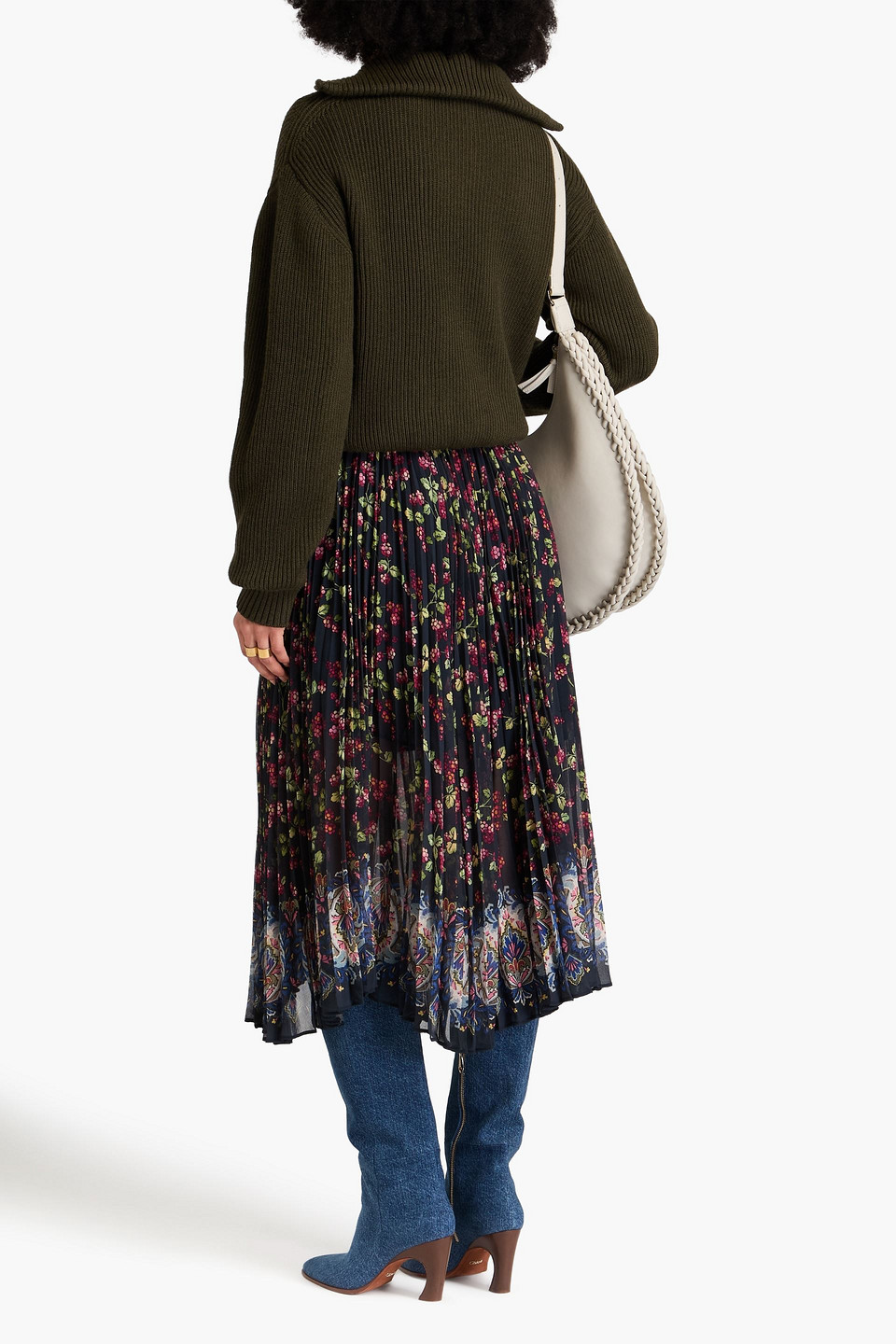 Etro Floral-print Plissé-georgette Midi Skirt In Midnight Blue