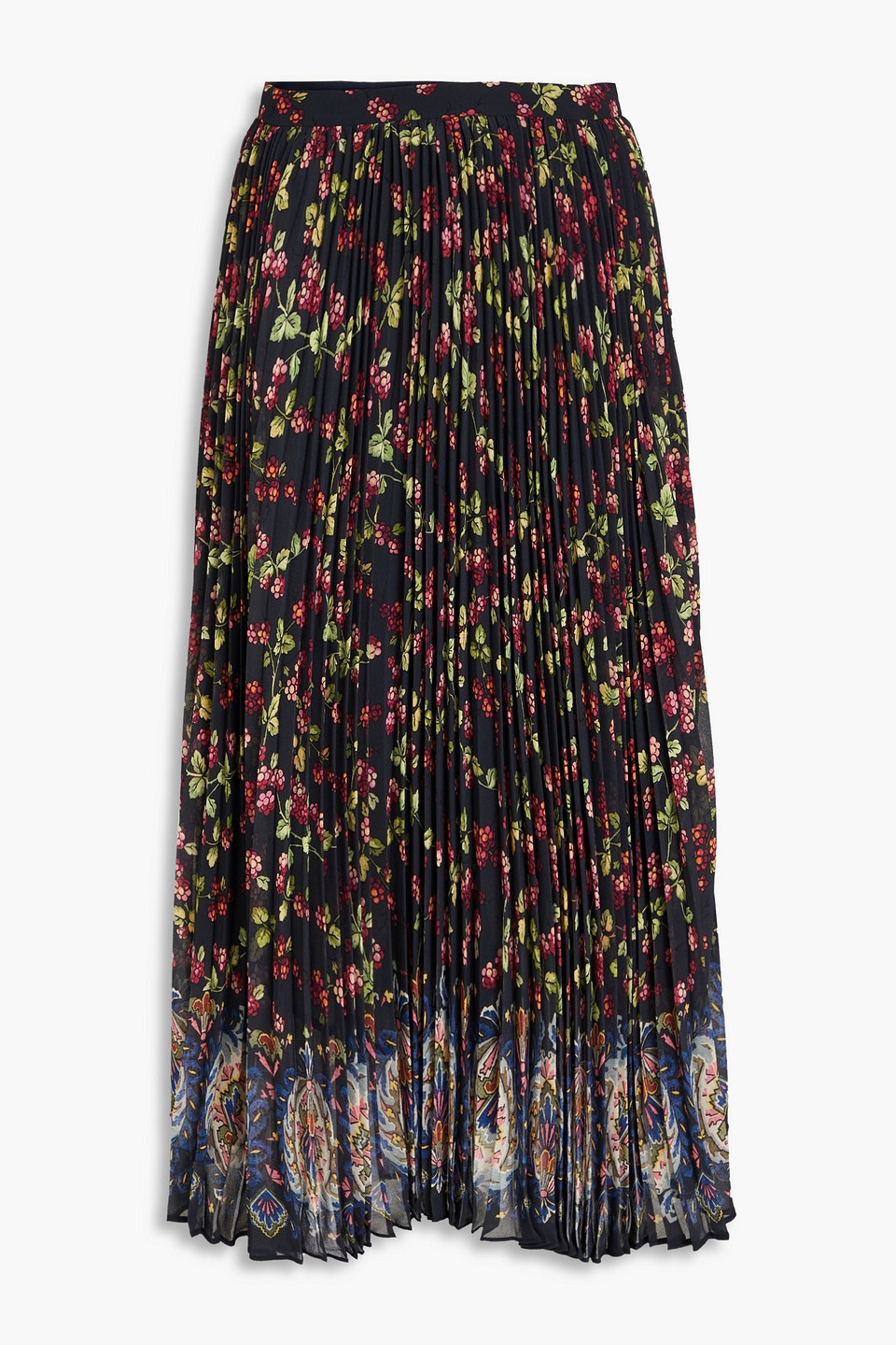 Etro Floral-print Plissé-georgette Midi Skirt In Midnight Blue