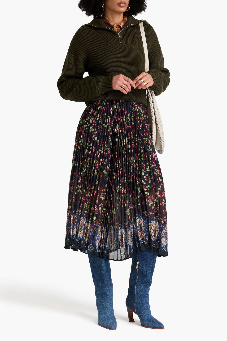Etro Floral-print Plissé-georgette Midi Skirt In Midnight Blue