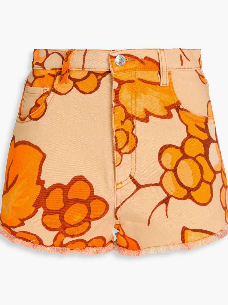 floral-print denim shorts