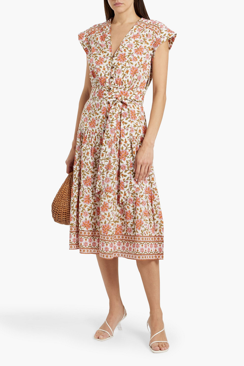 Shop Veronica Beard Lexington Floral-print Cotton-seersucker Midi Dress In Baby Pink