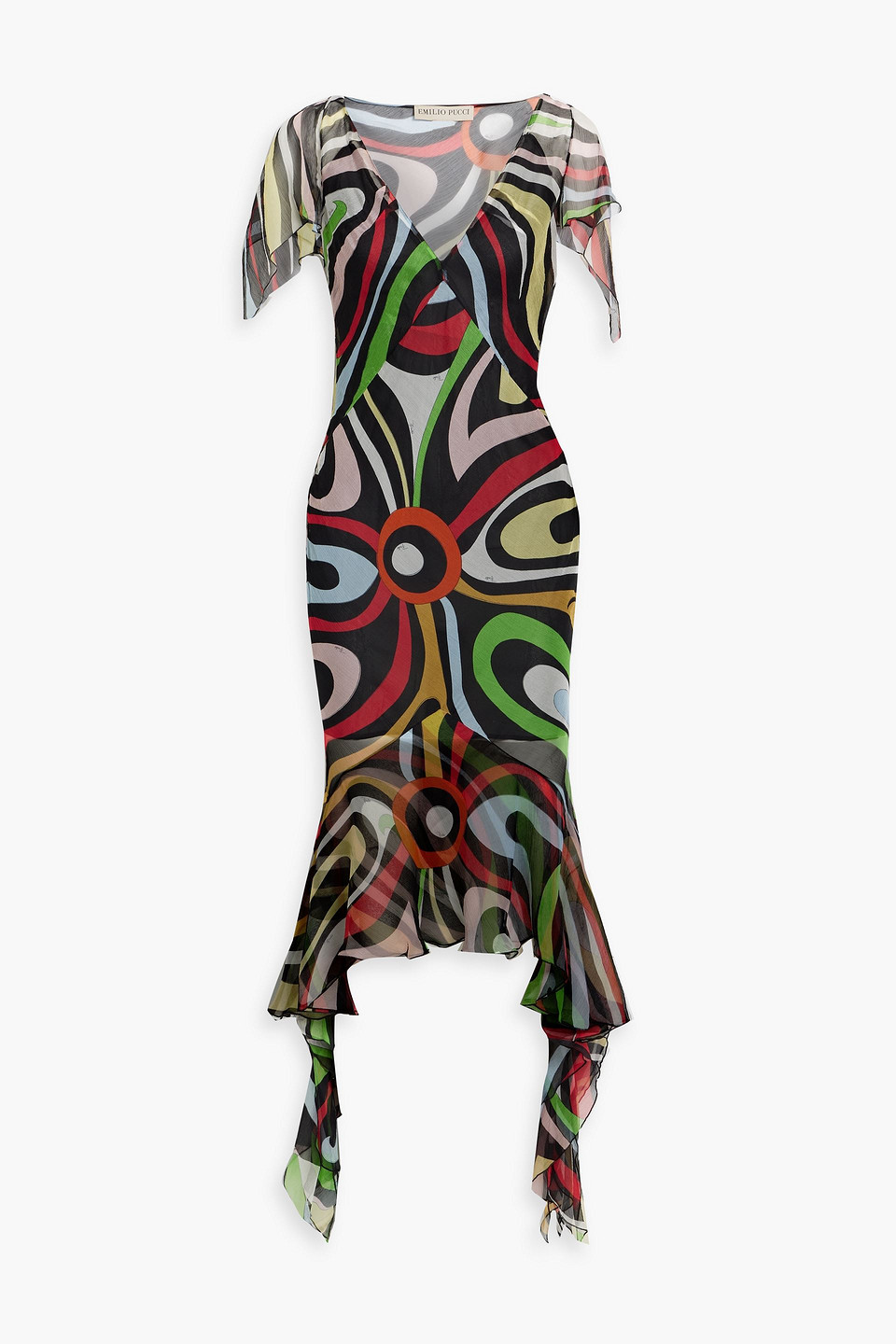 Pucci Chiffon Marmo Print Ruffle Midi Dress In Multicolor