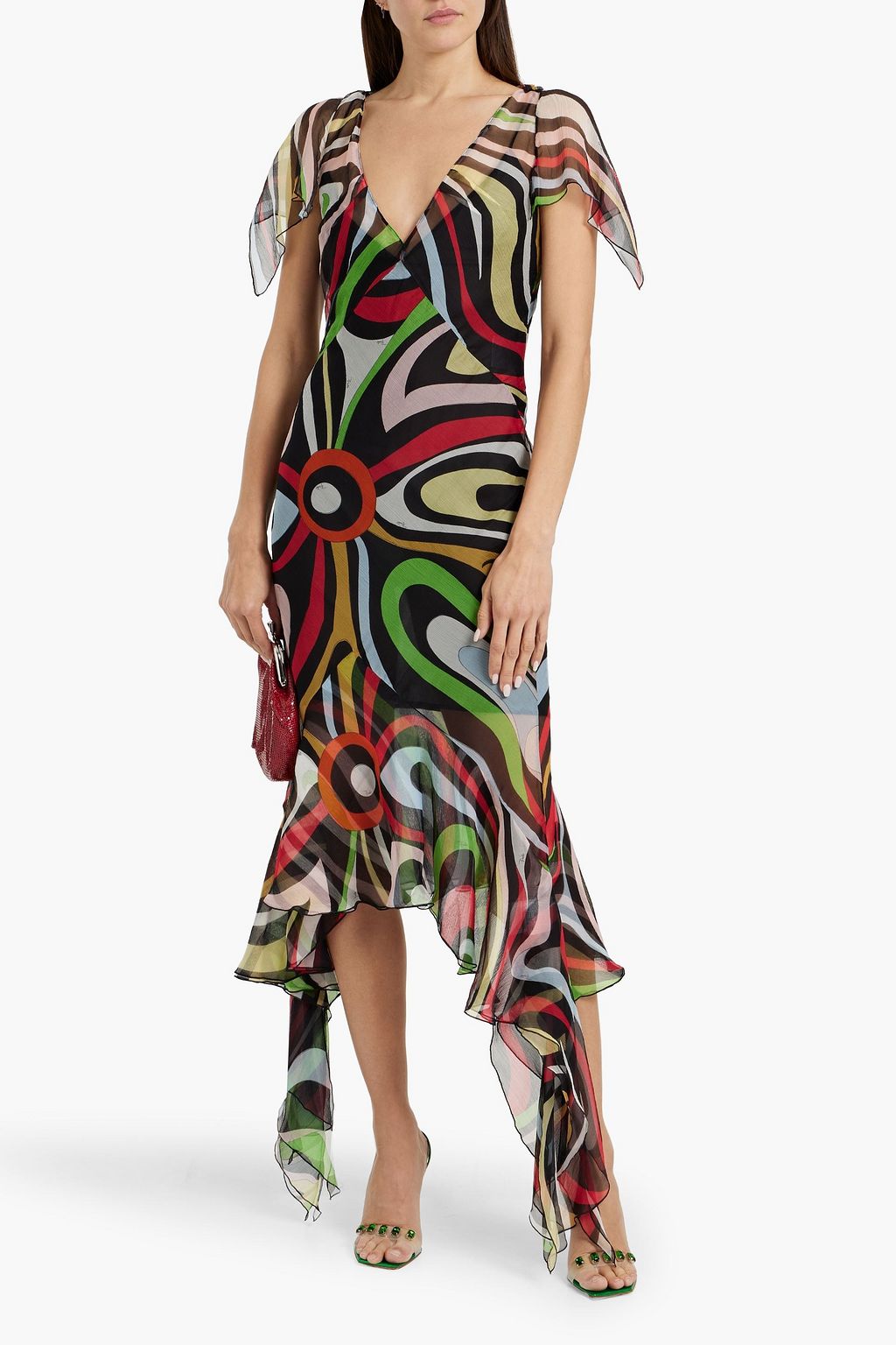 PUCCI فستان من قماش جورجيت الحريري مزين بطبعات وبقصّة غير متماثلة