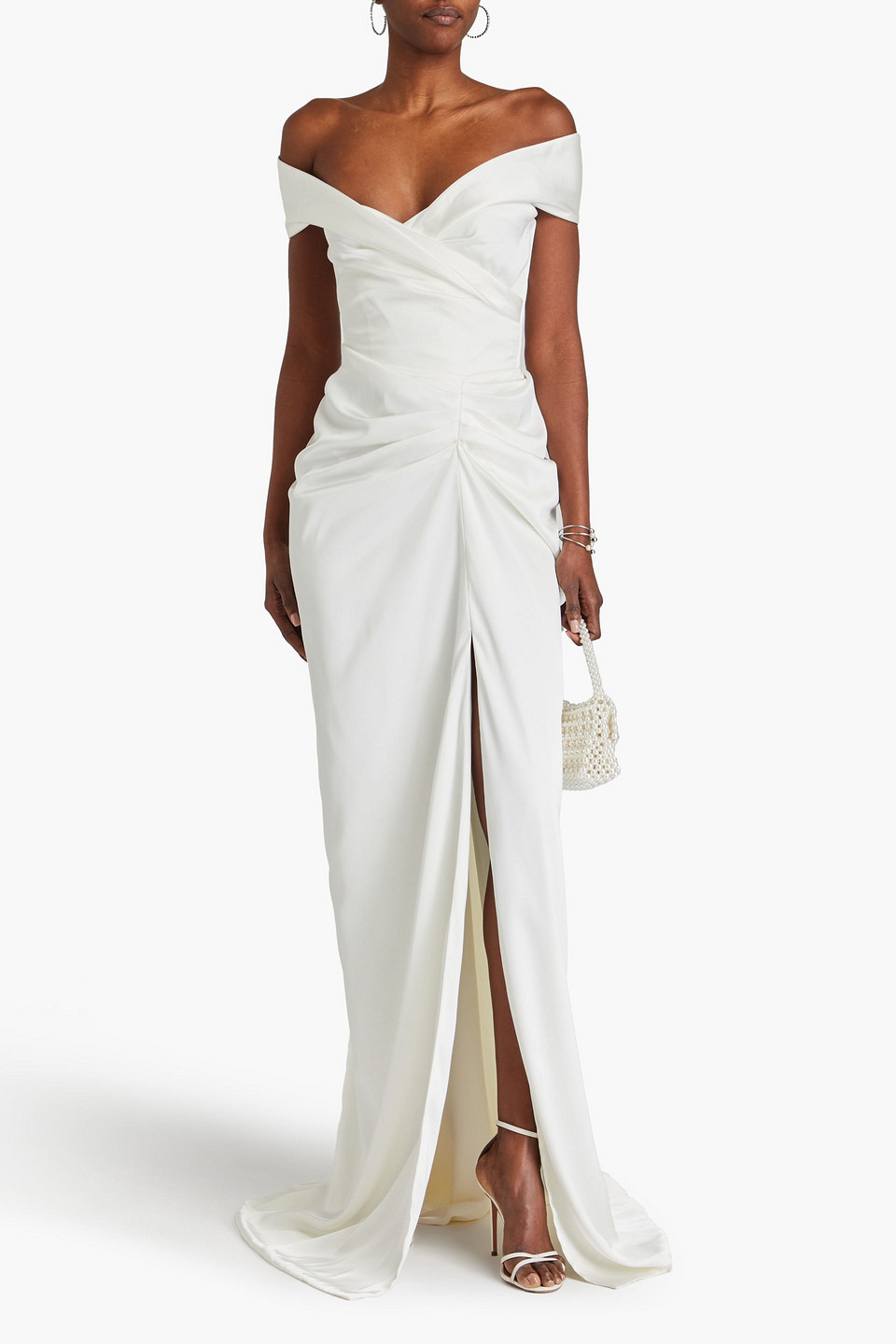 Rhea Costa Athena Schulterfreie Robe Aus Satin Mit Drapierung In Elfenbein