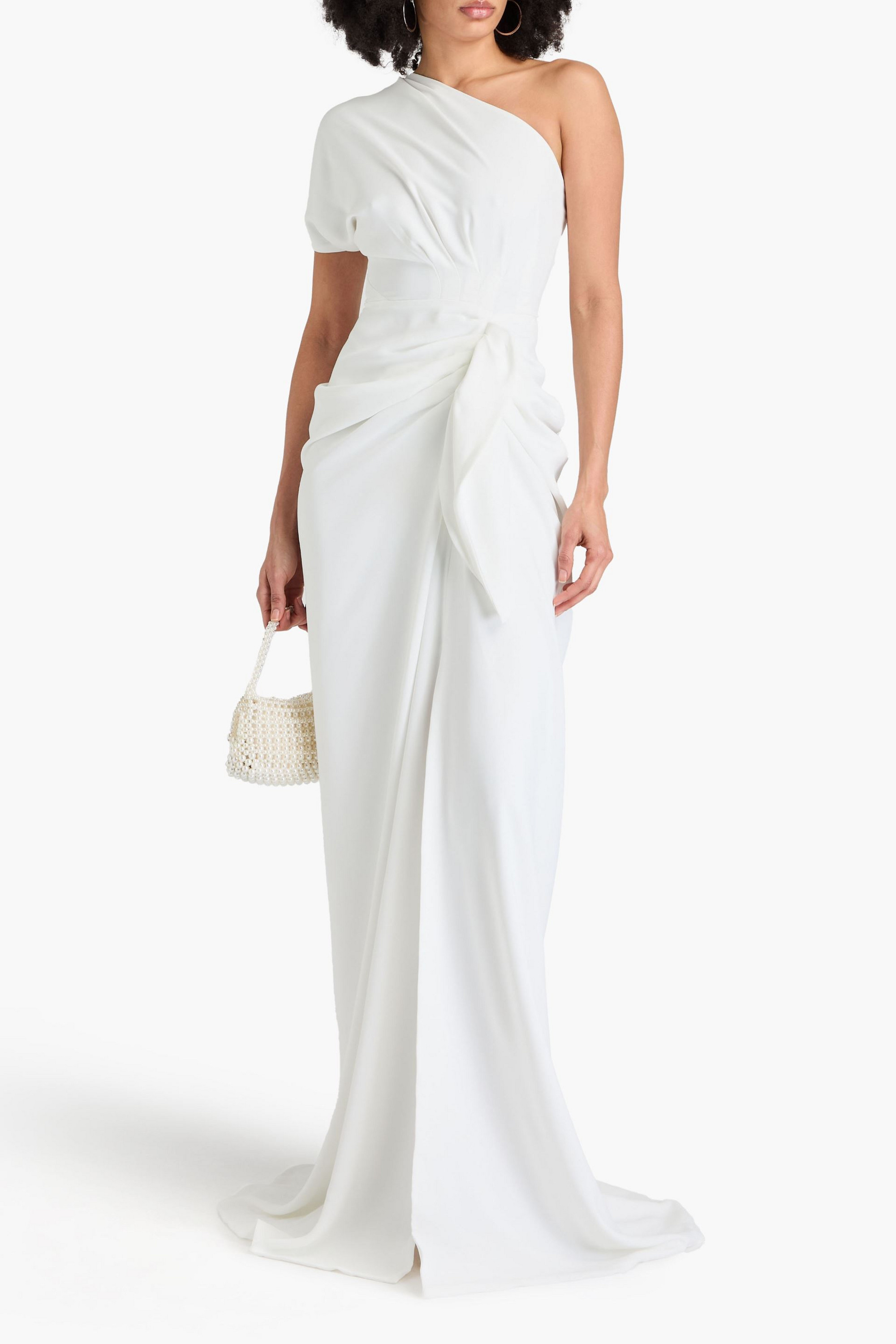 RHEA COSTA Elena one-shoulder draped crepe gown