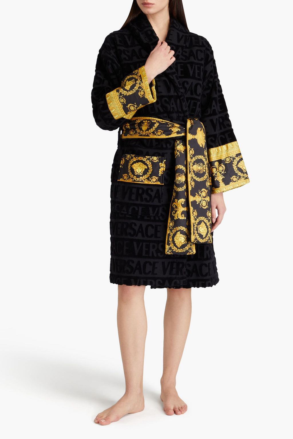 VERSACE Cotton-terry jacquard and sateen robe