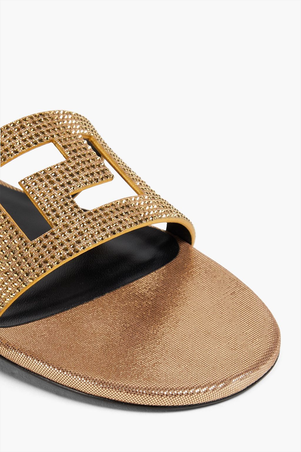 VERSACE Crystal-embellished cutout metallic leather slides