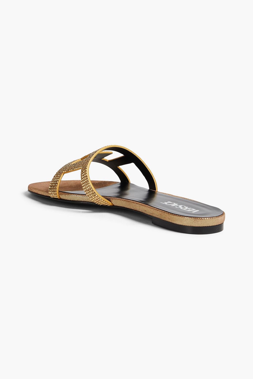 VERSACE Crystal-embellished cutout metallic leather slides