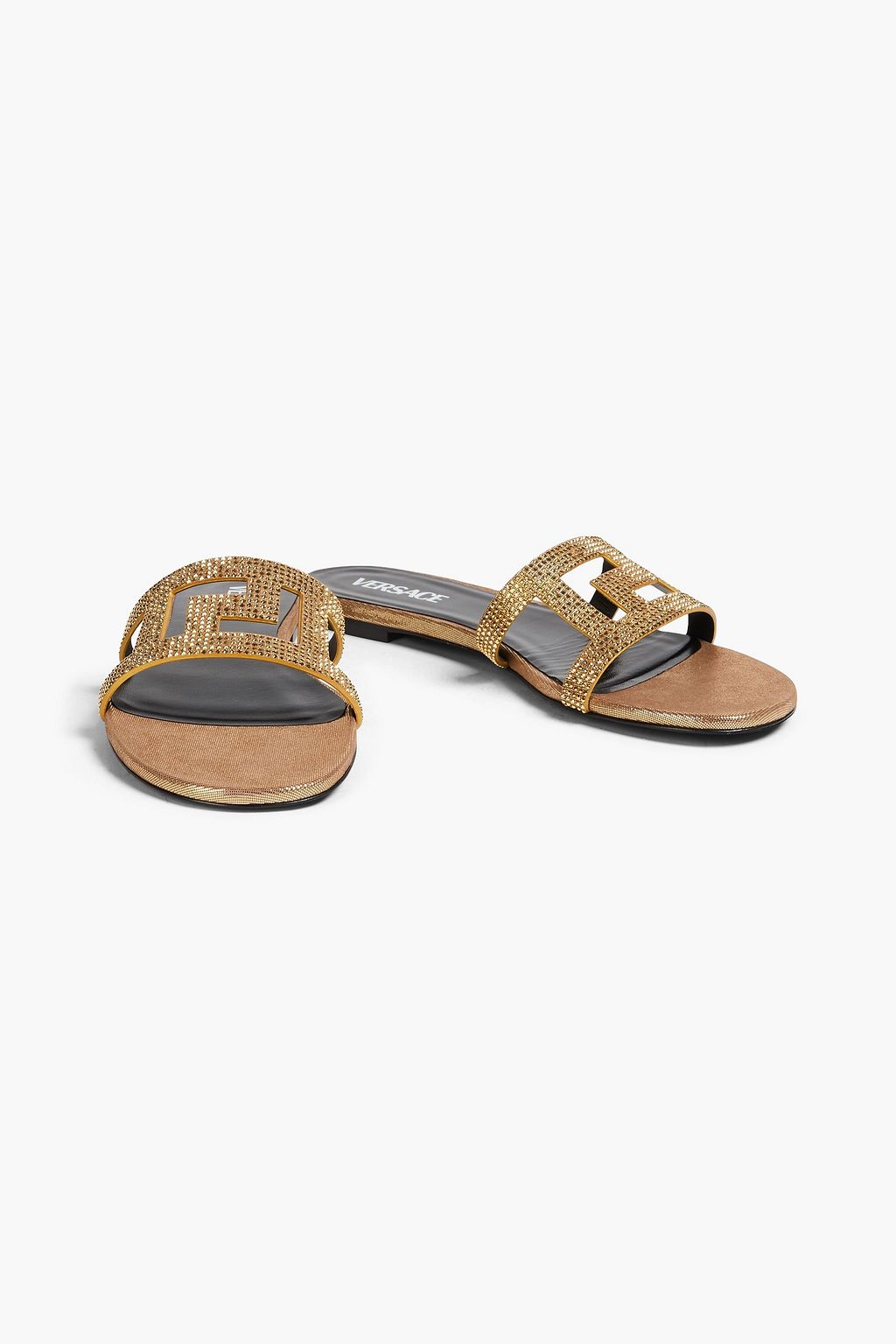 VERSACE Crystal-embellished cutout metallic leather slides