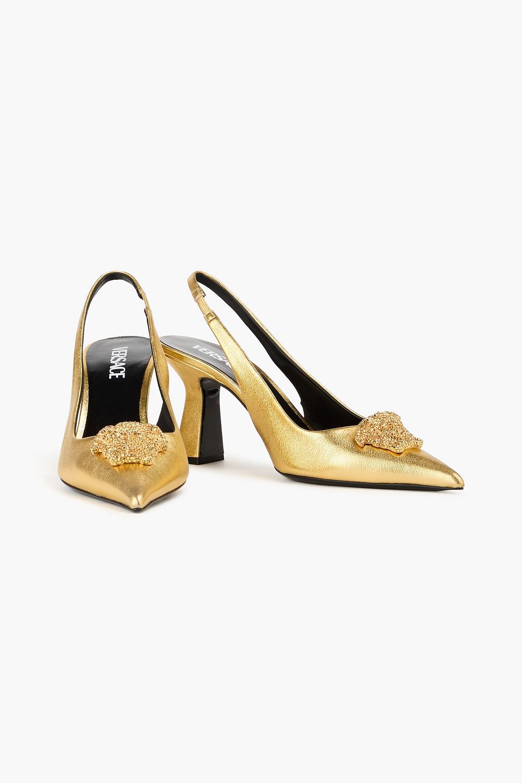 VERSACE Embellished metallic leather slingback pumps
